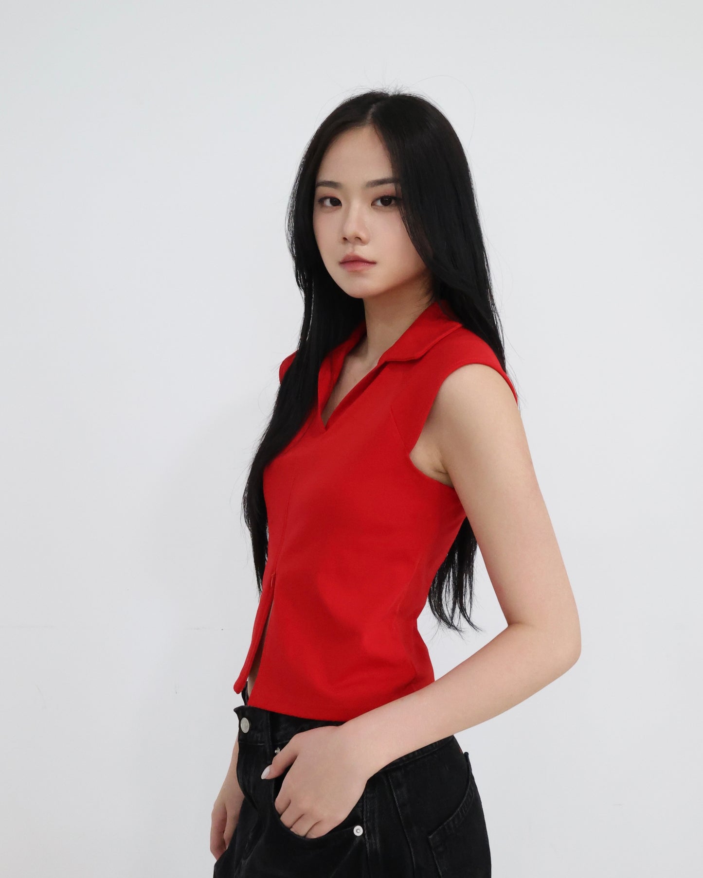 25052 - 紅色翻領雙拉鍊背心