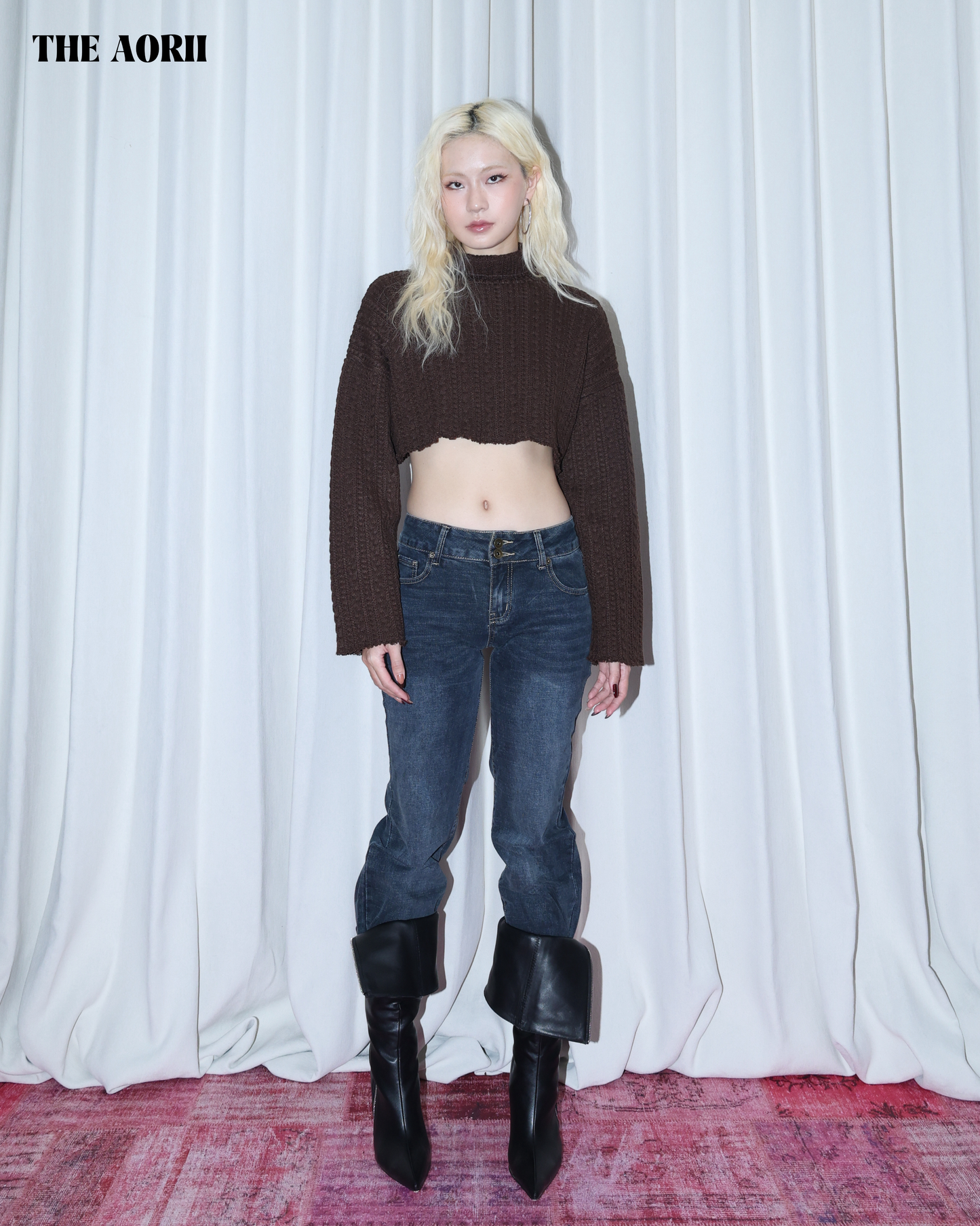 KR25003(2color) - 咖 "正韓"小高領短版針織上衣