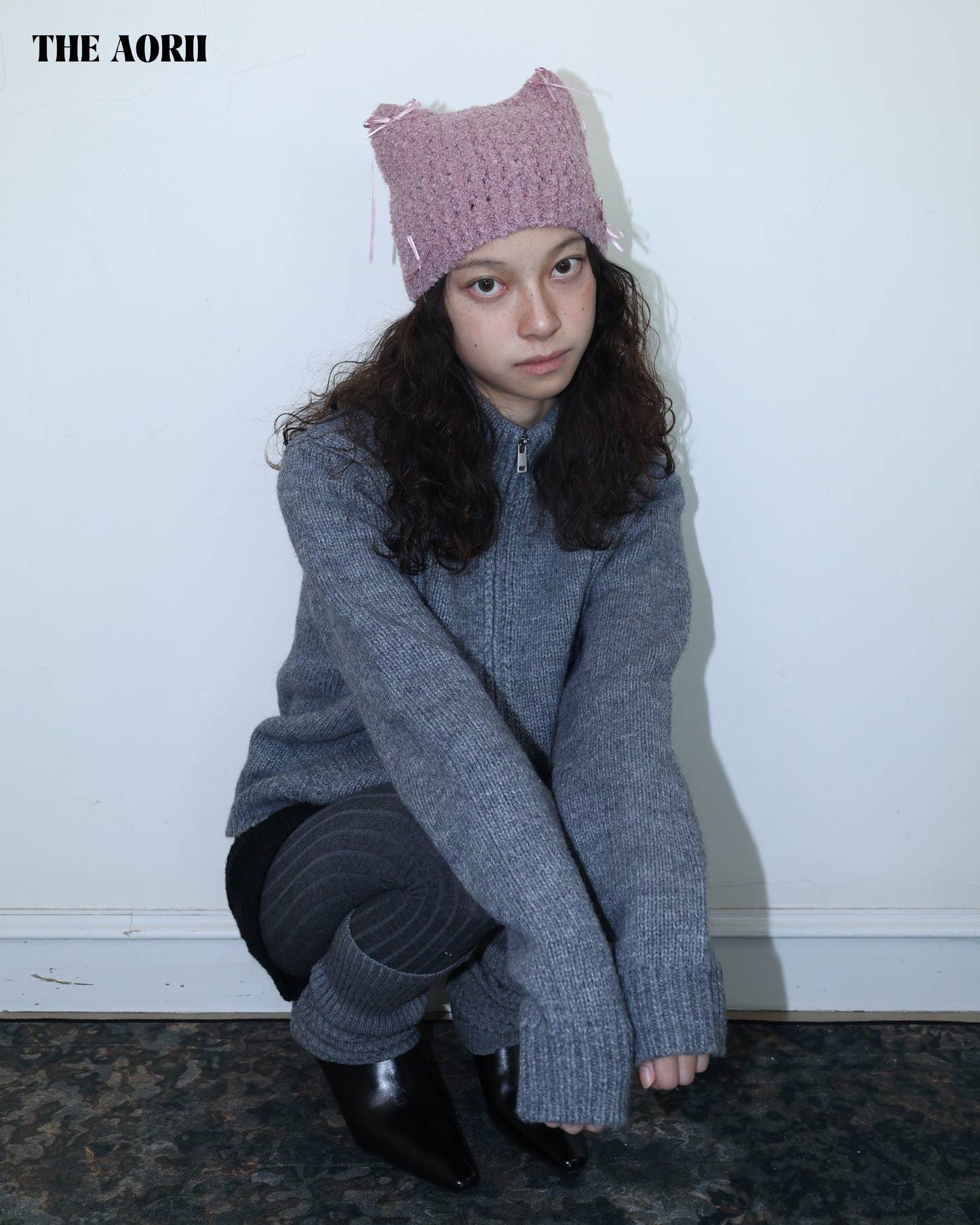 25273(4color) - 粉 15%羊毛蝴蝶結貓耳針織帽