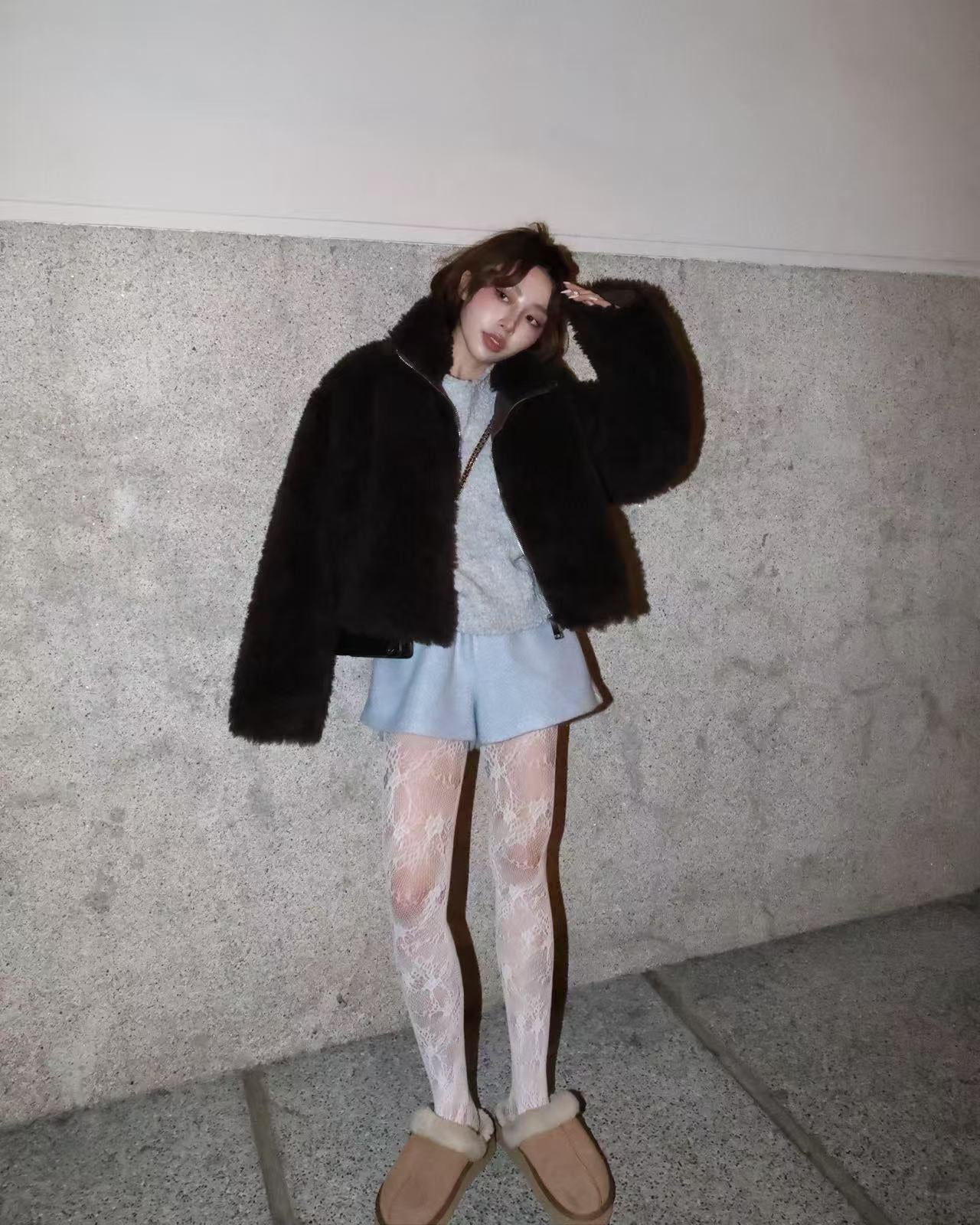 25021(5color) - 巧克力棕 羊羔毛翻領拉鍊外套