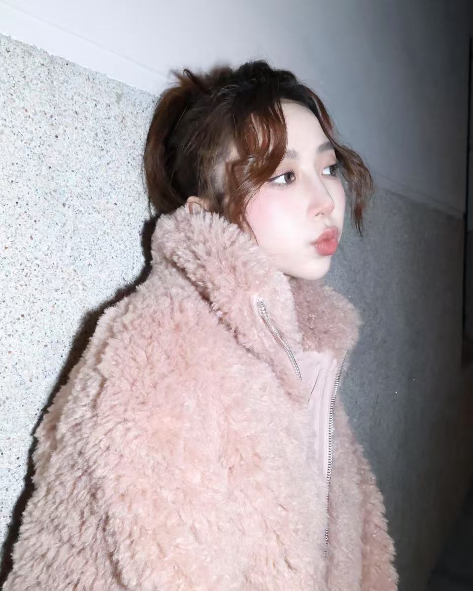 25021(5color) - 藕粉 羊羔毛翻領拉鍊外套