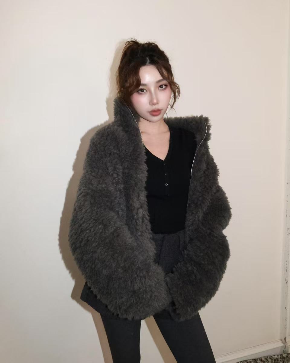 25021(5color) - 灰 羊羔毛翻領拉鍊外套