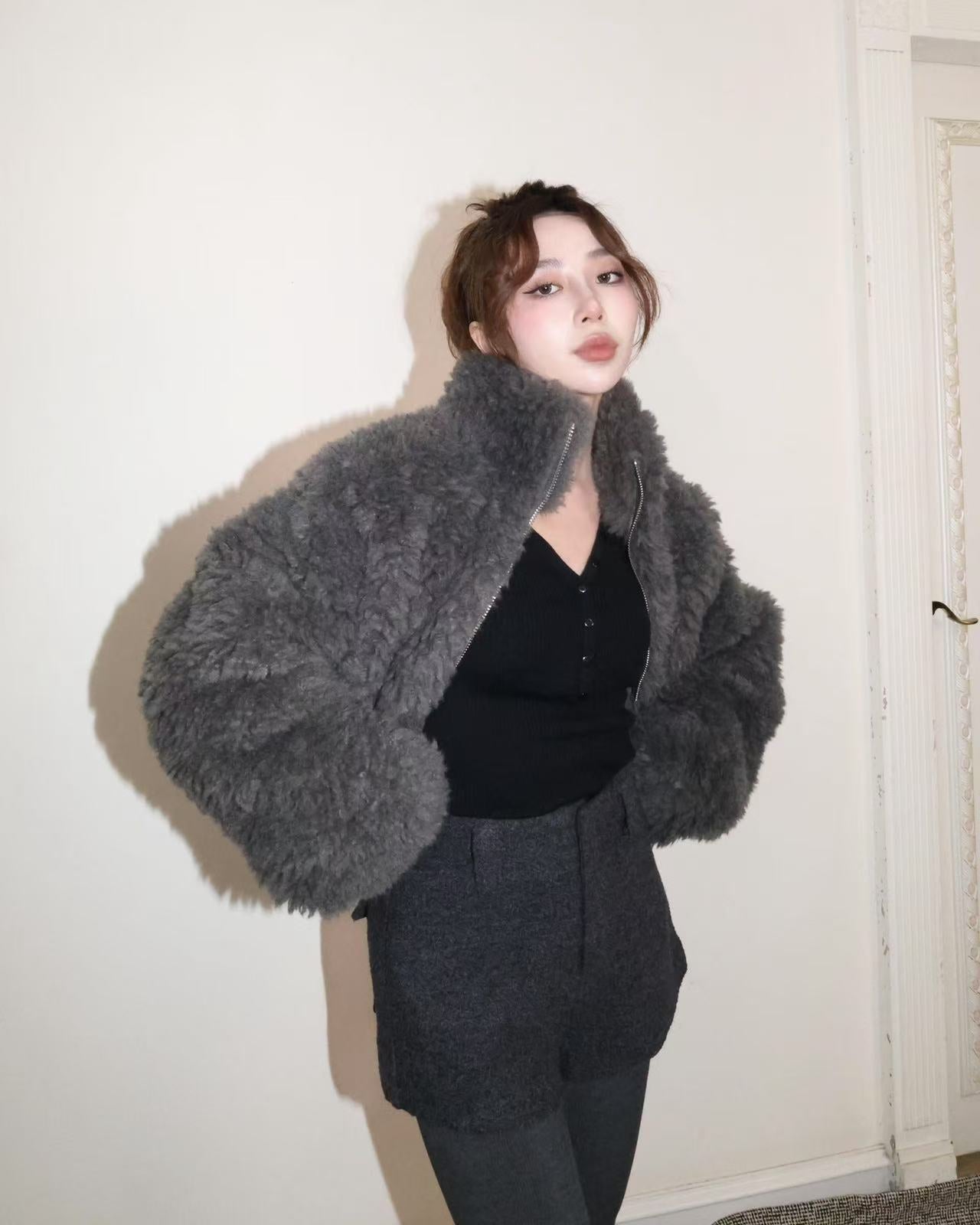25021(5color) - 灰 羊羔毛翻領拉鍊外套