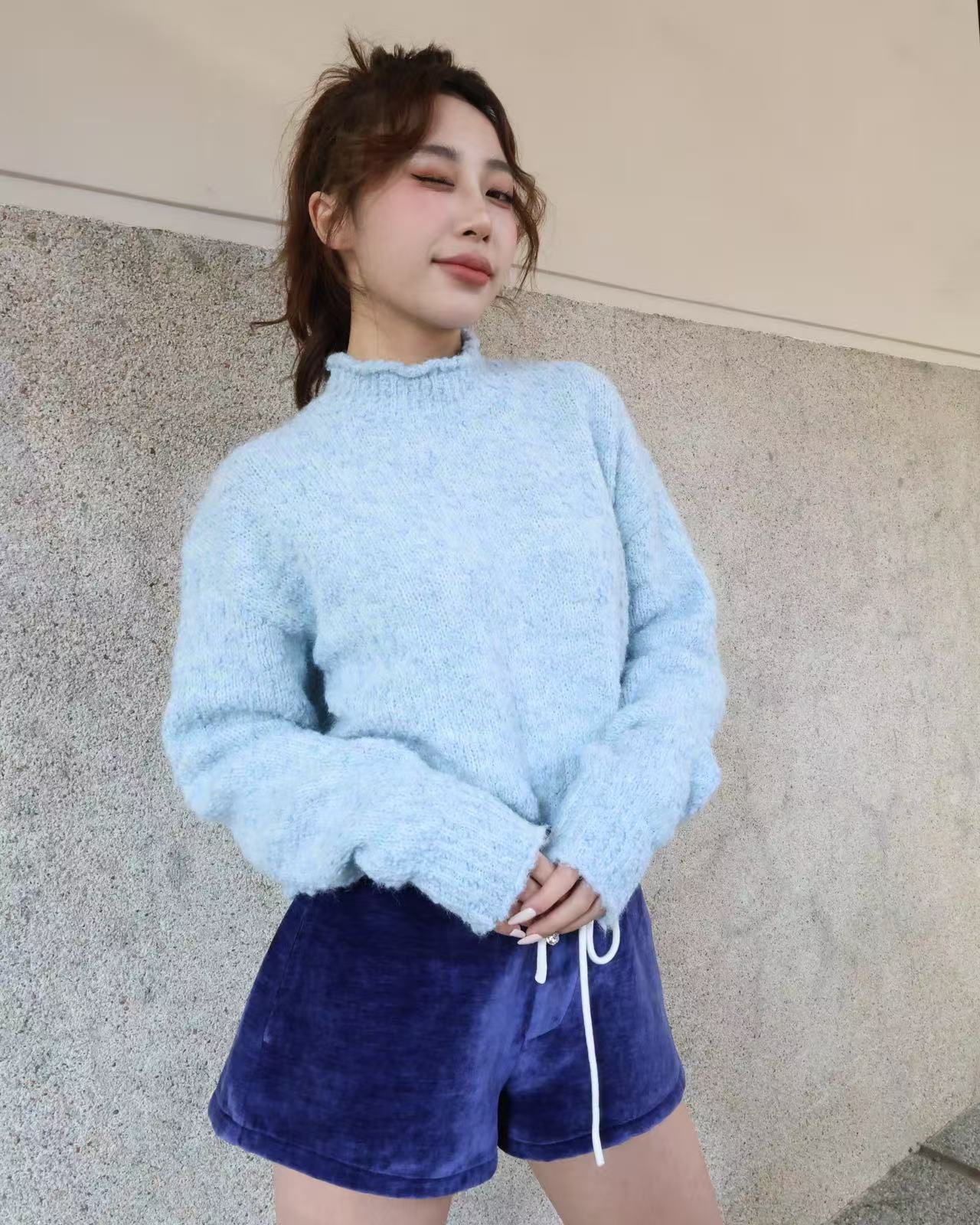 25020 - 藏藍 絨面綁帶闊腿短褲