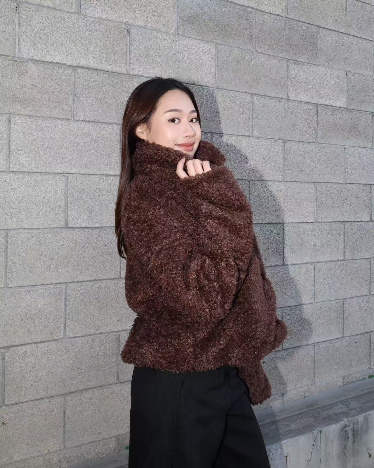 25012(2color) - 棕 羊羔毛翻領排釦外套