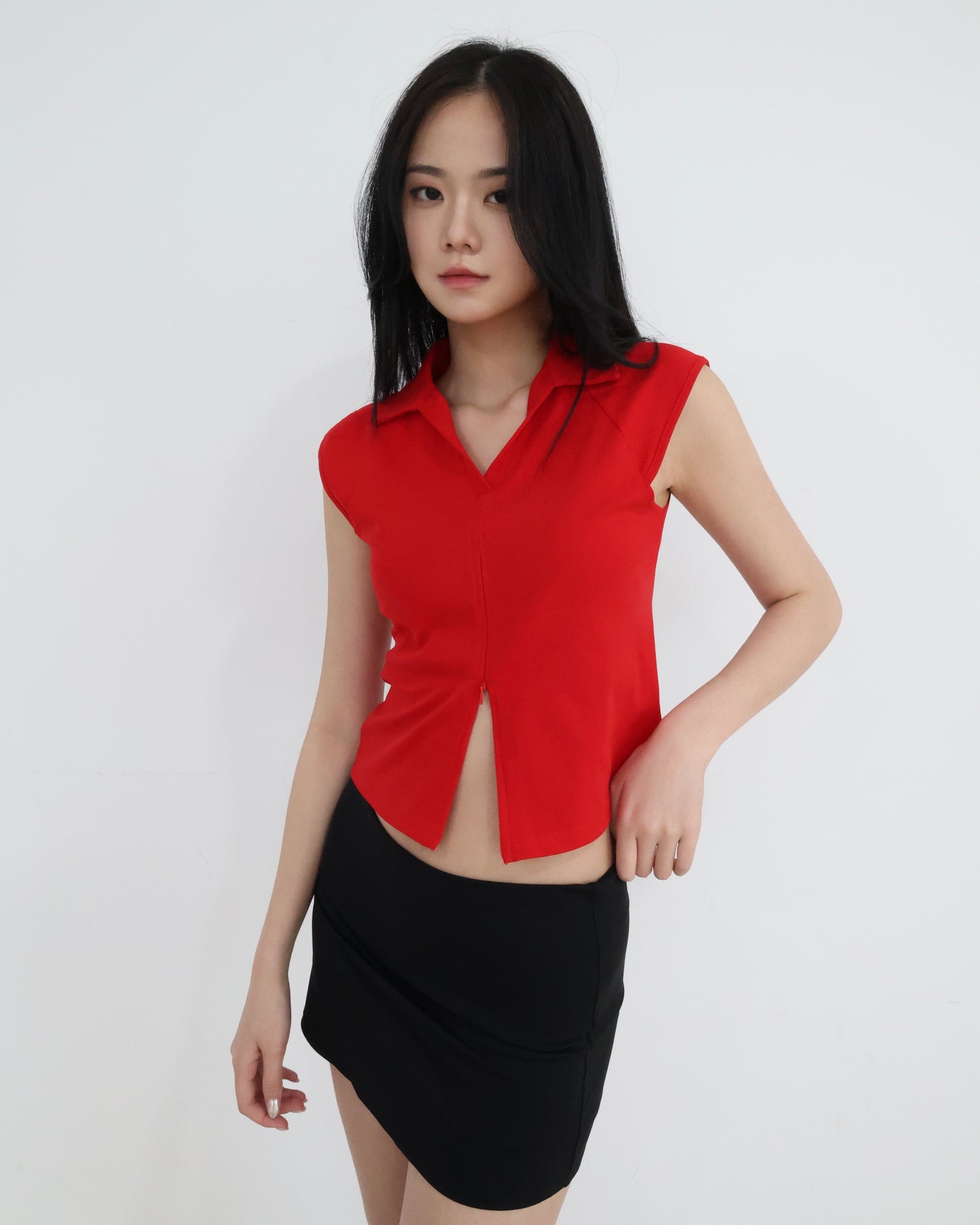 25052 - 紅色翻領雙拉鍊背心