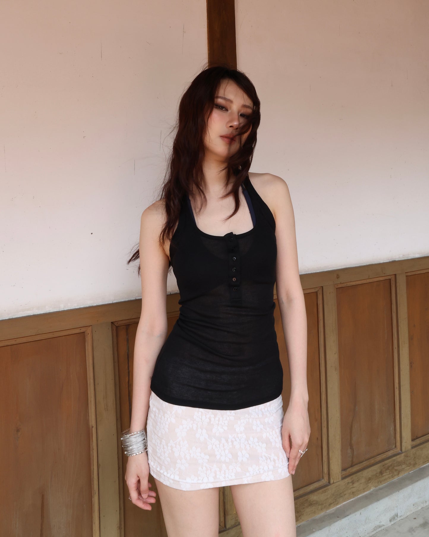 25114(2color) - 白 花朵包臀彈力短裙