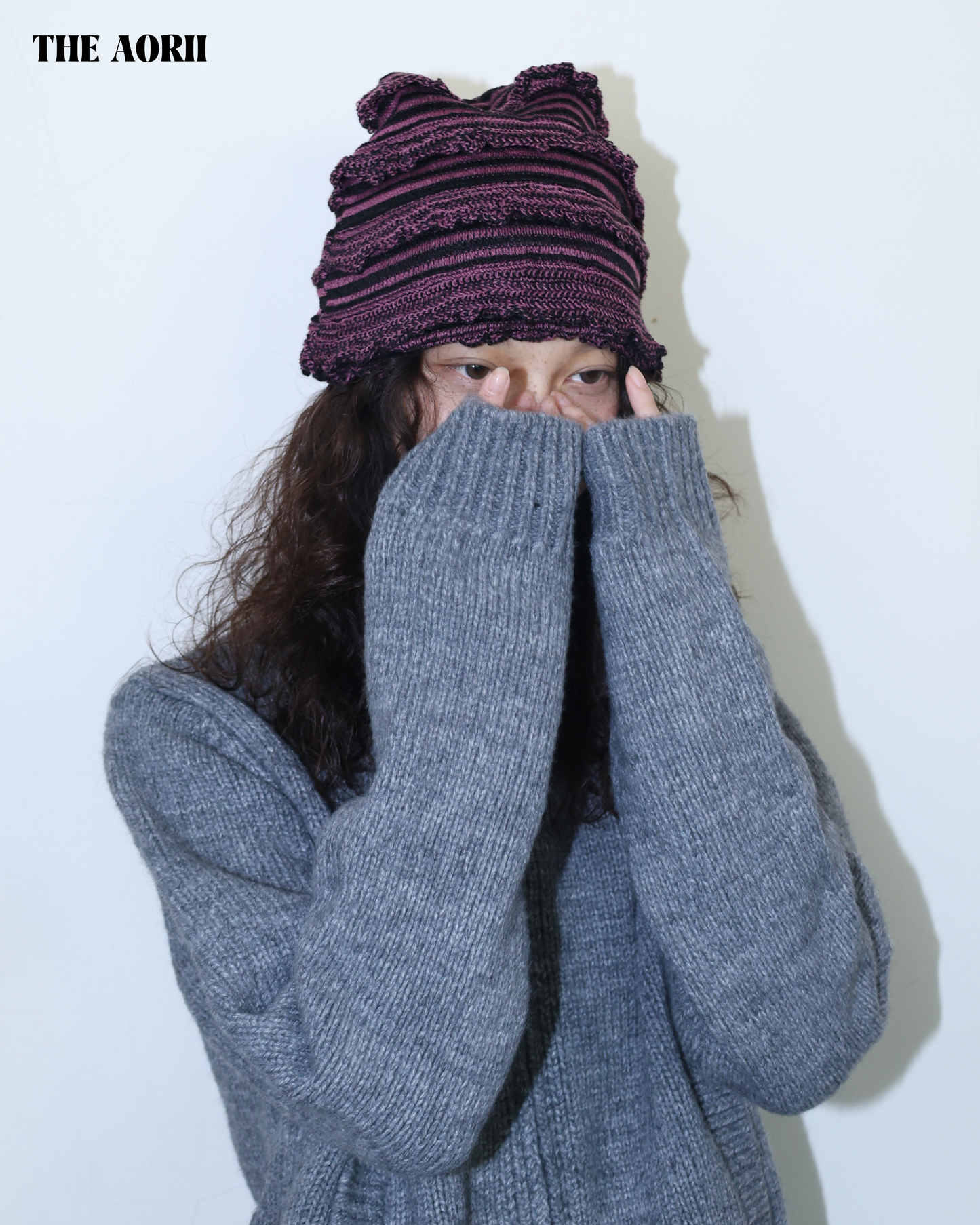 25274(3color) - 粉 30%羊毛條紋針織帽