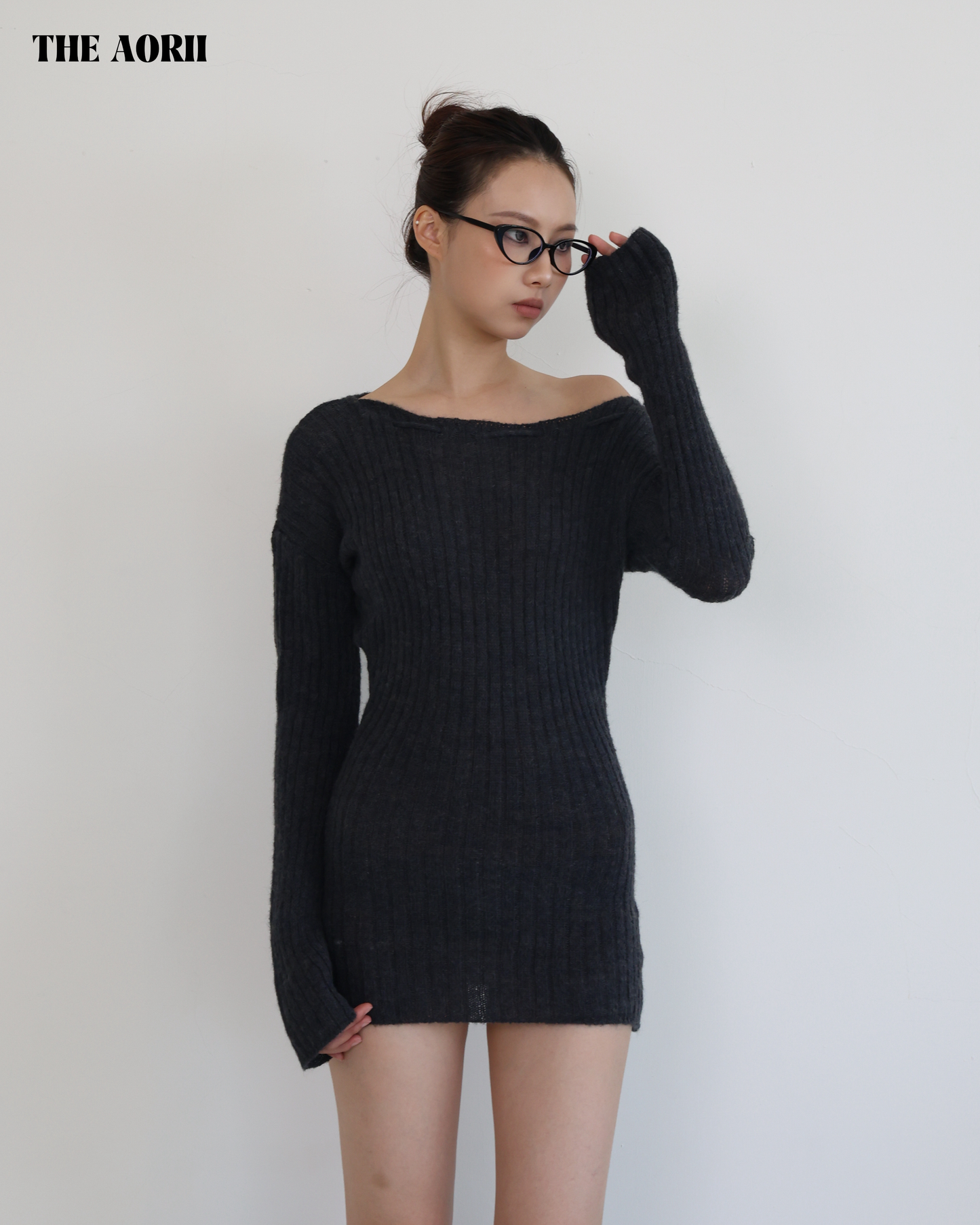 20215 - 斜肩綁帶毛衣收腰包臀連衣裙