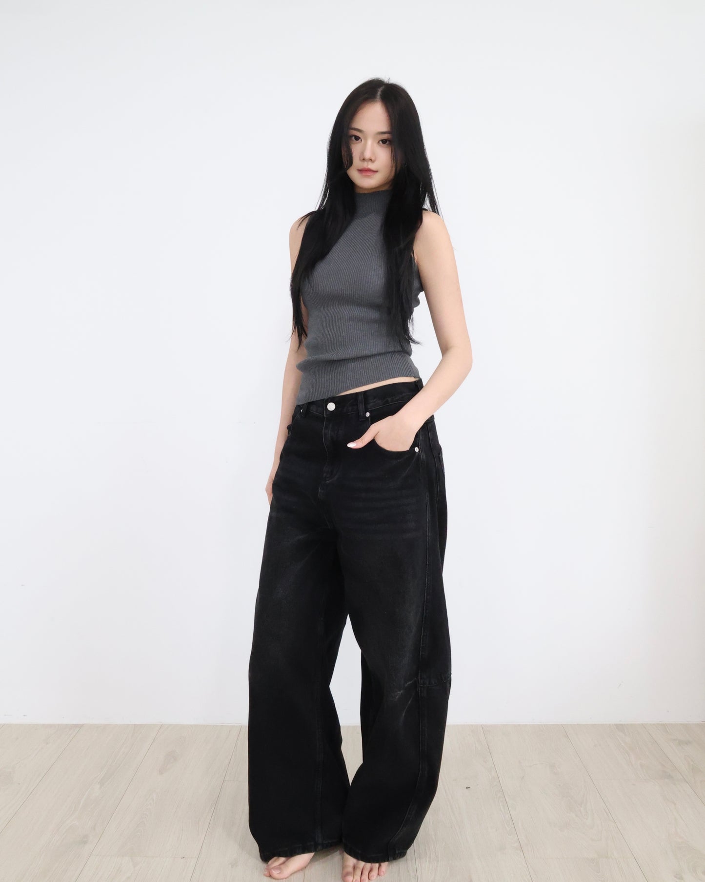 25057(4color) - 灰 小高領針織修身背心