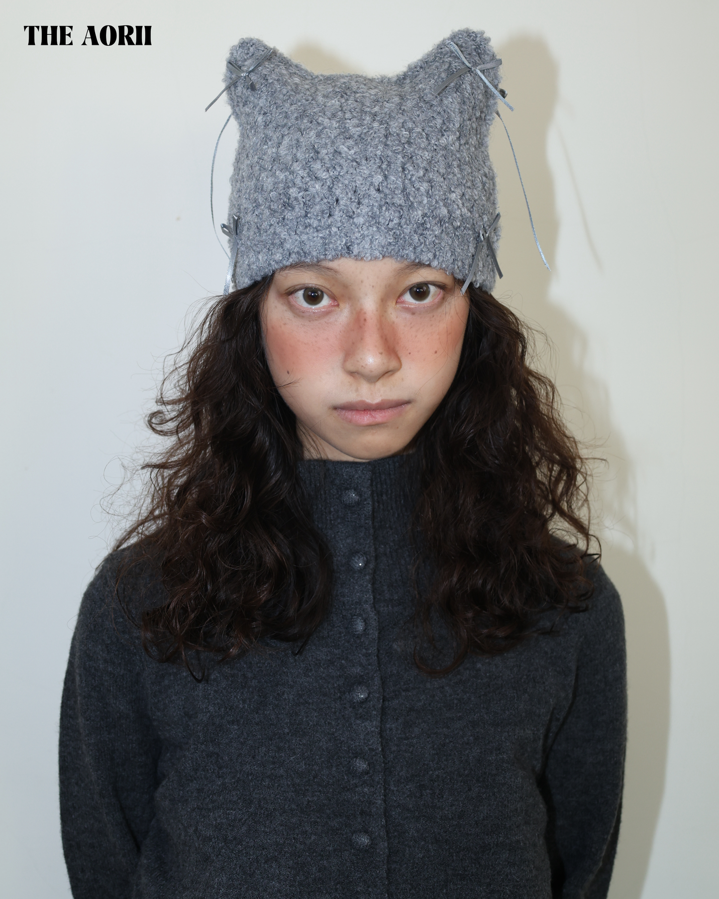 25273(4color) - 灰 15%羊毛蝴蝶結貓耳針織帽