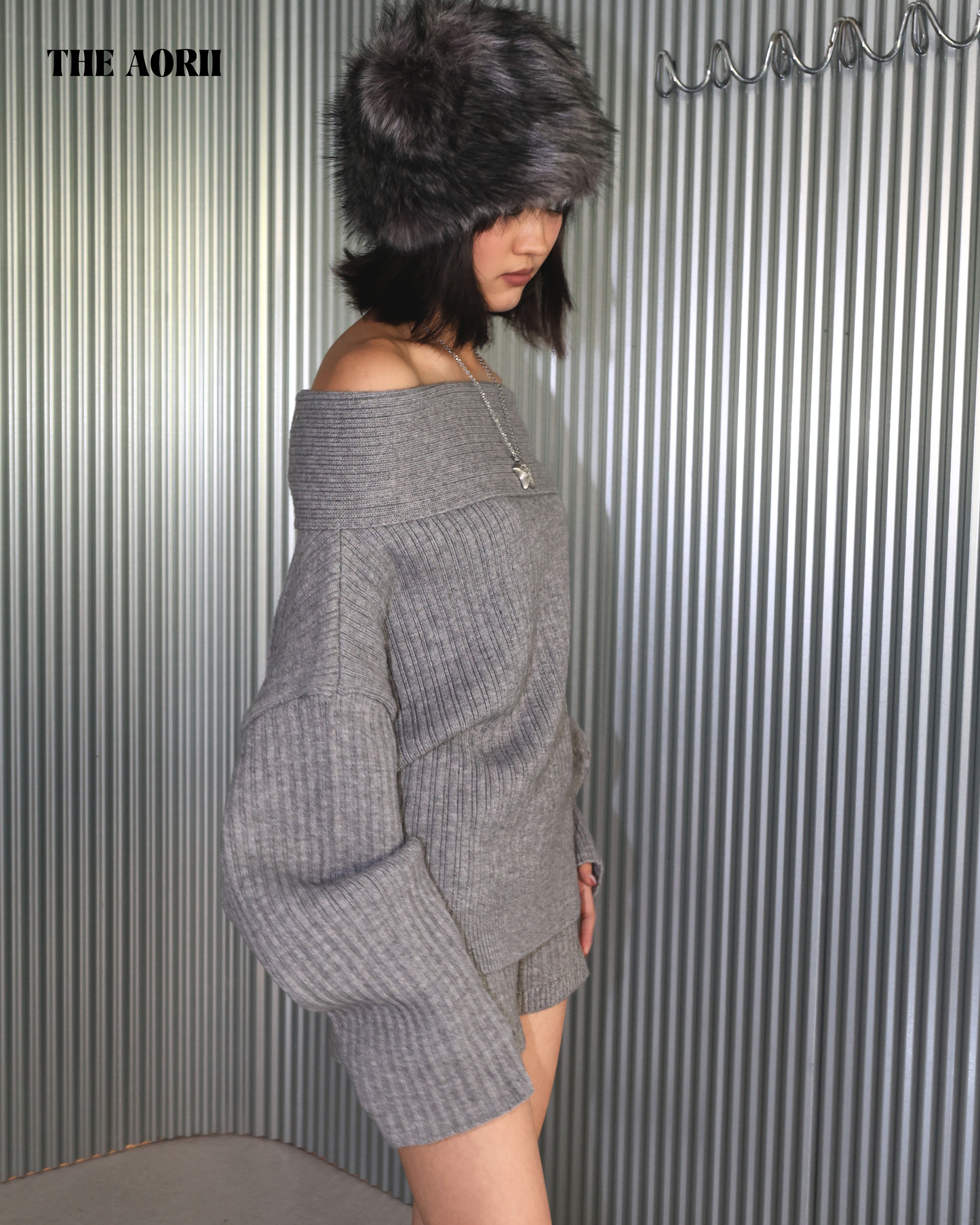 20218 - 一字領針織毛衣短褲套裝