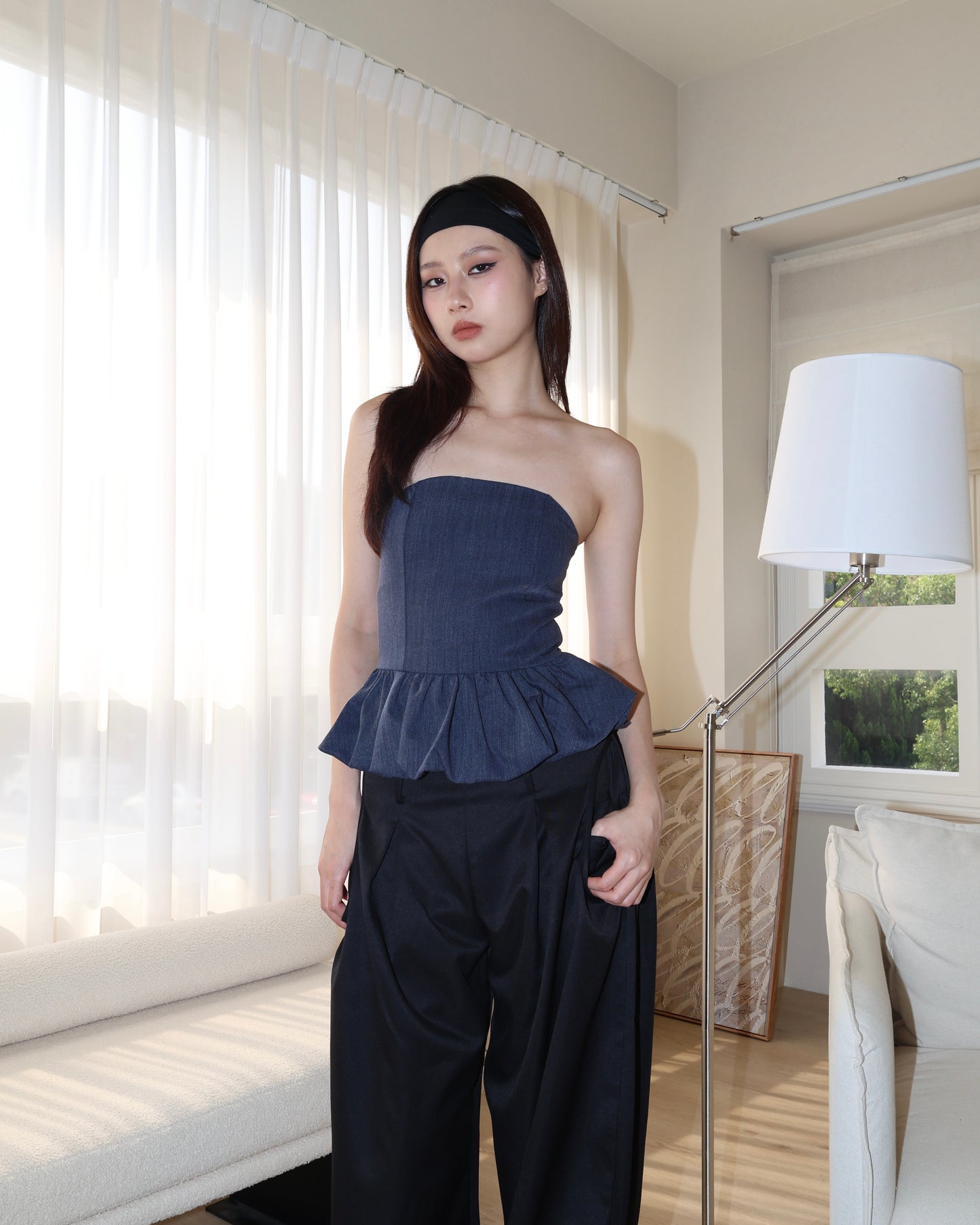 25162(2color) - 藍 抹胸花苞上衣