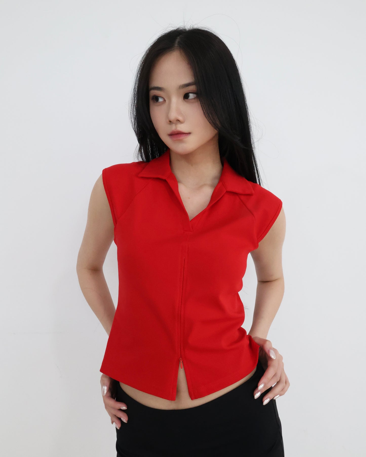 25052 - 紅色翻領雙拉鍊背心