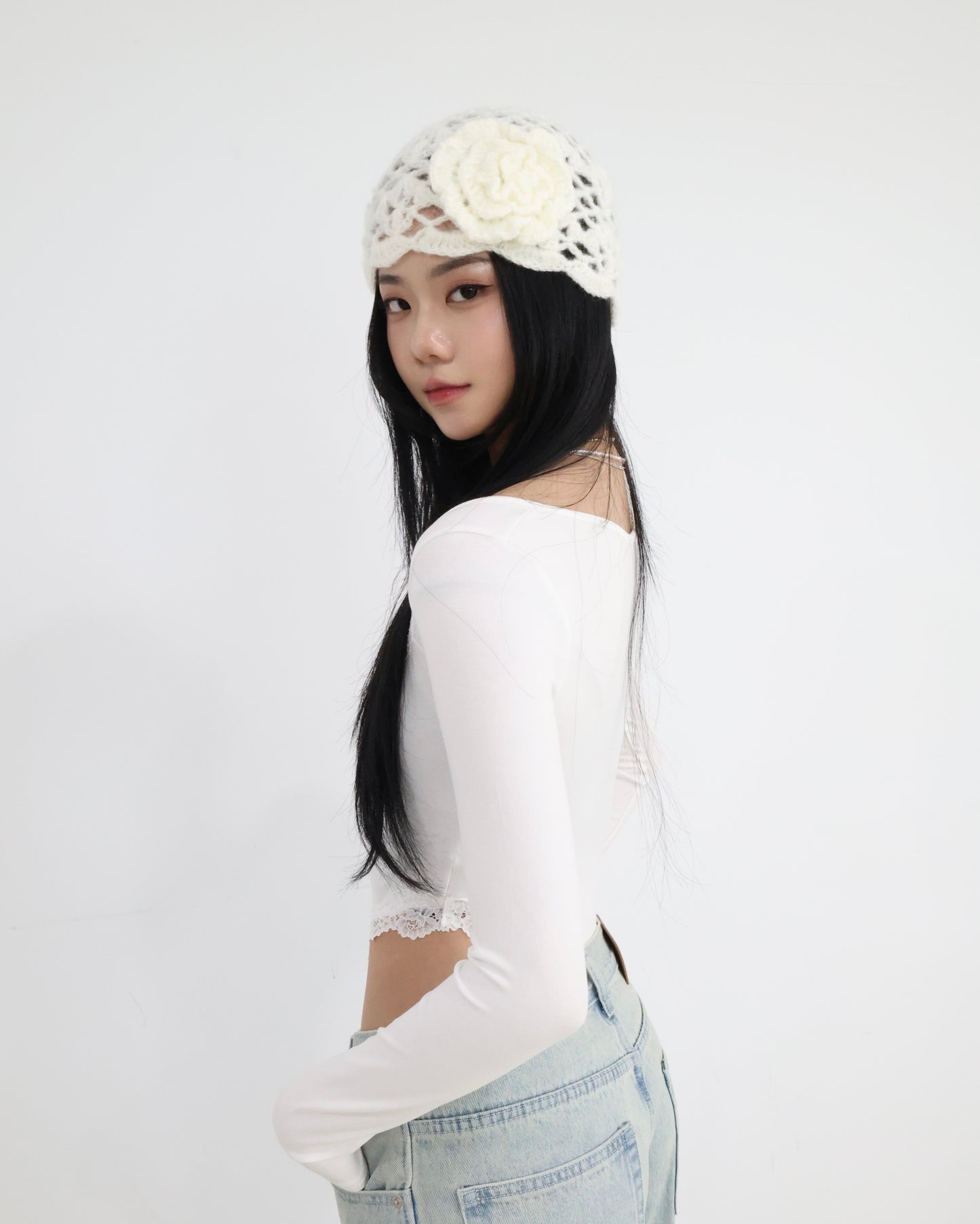 25065(2color) - 白 蕾絲方領長袖連體上衣 (有暗扣)