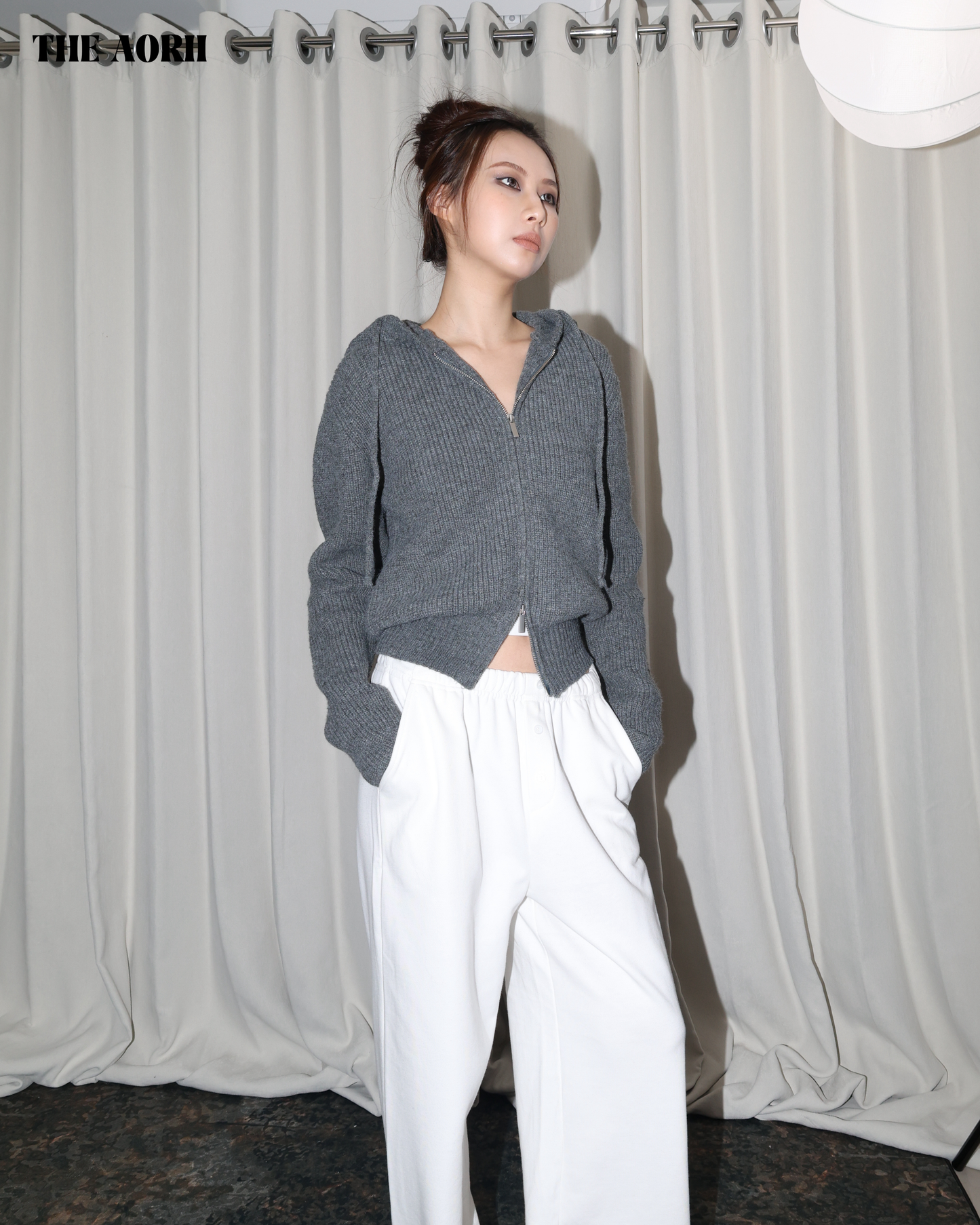 25239(2color) - 灰 連帽雙拉鏈針織外套