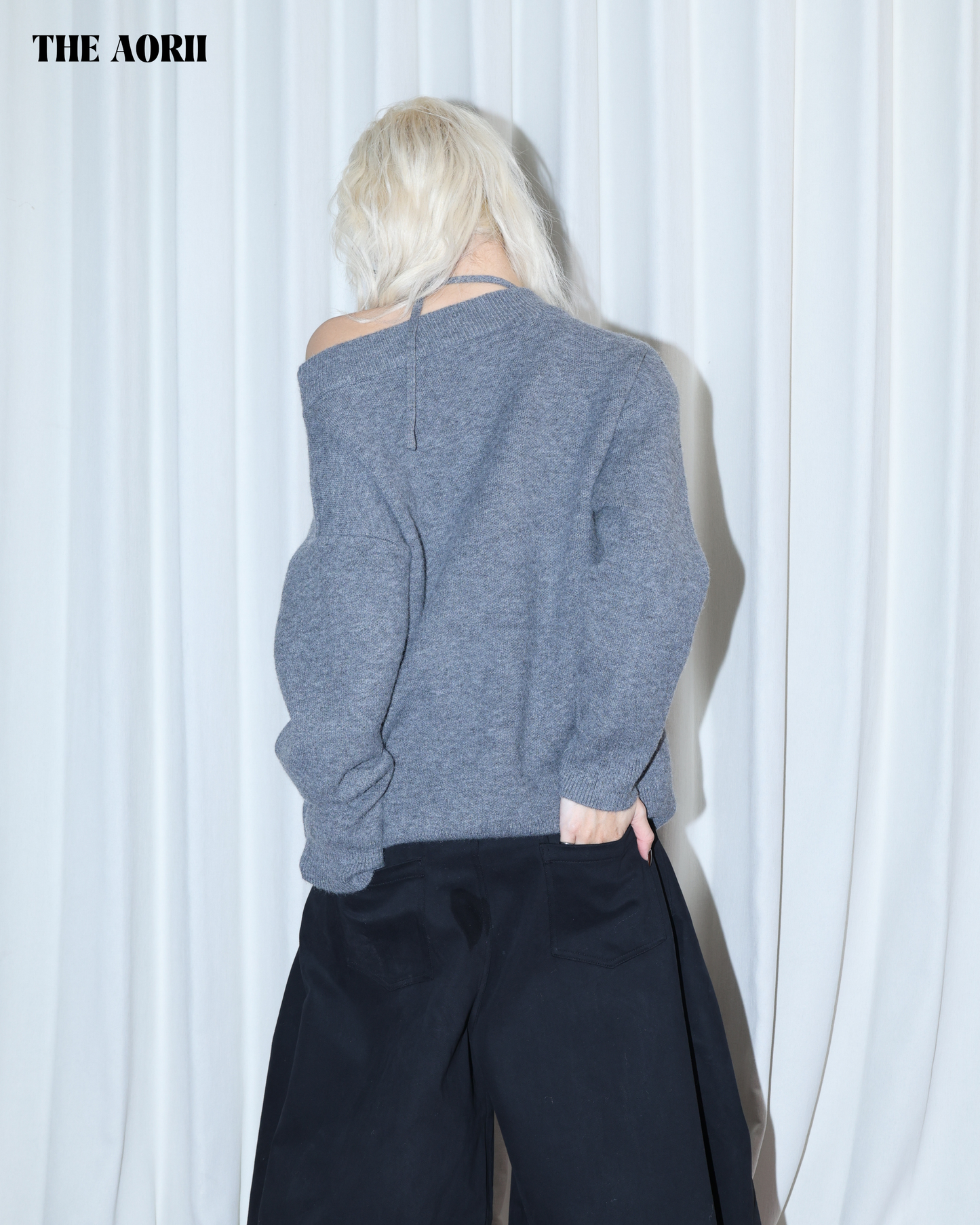 26016 (2color) - 灰 8%羊毛斜肩綁帶毛衣