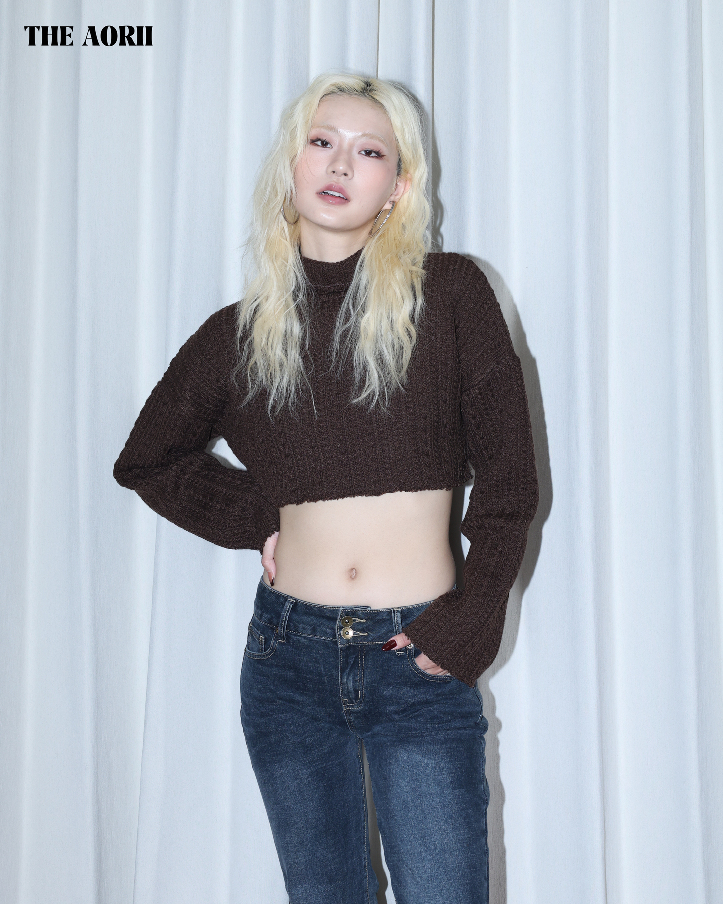 KR25003(2color) - 咖 "正韓"小高領短版針織上衣