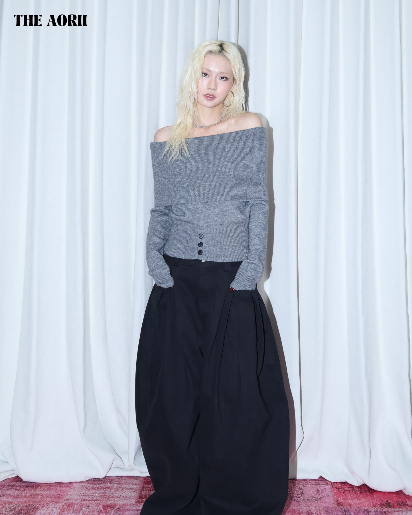 25280(2color) - 灰 一字領反折收腰長袖針織上衣