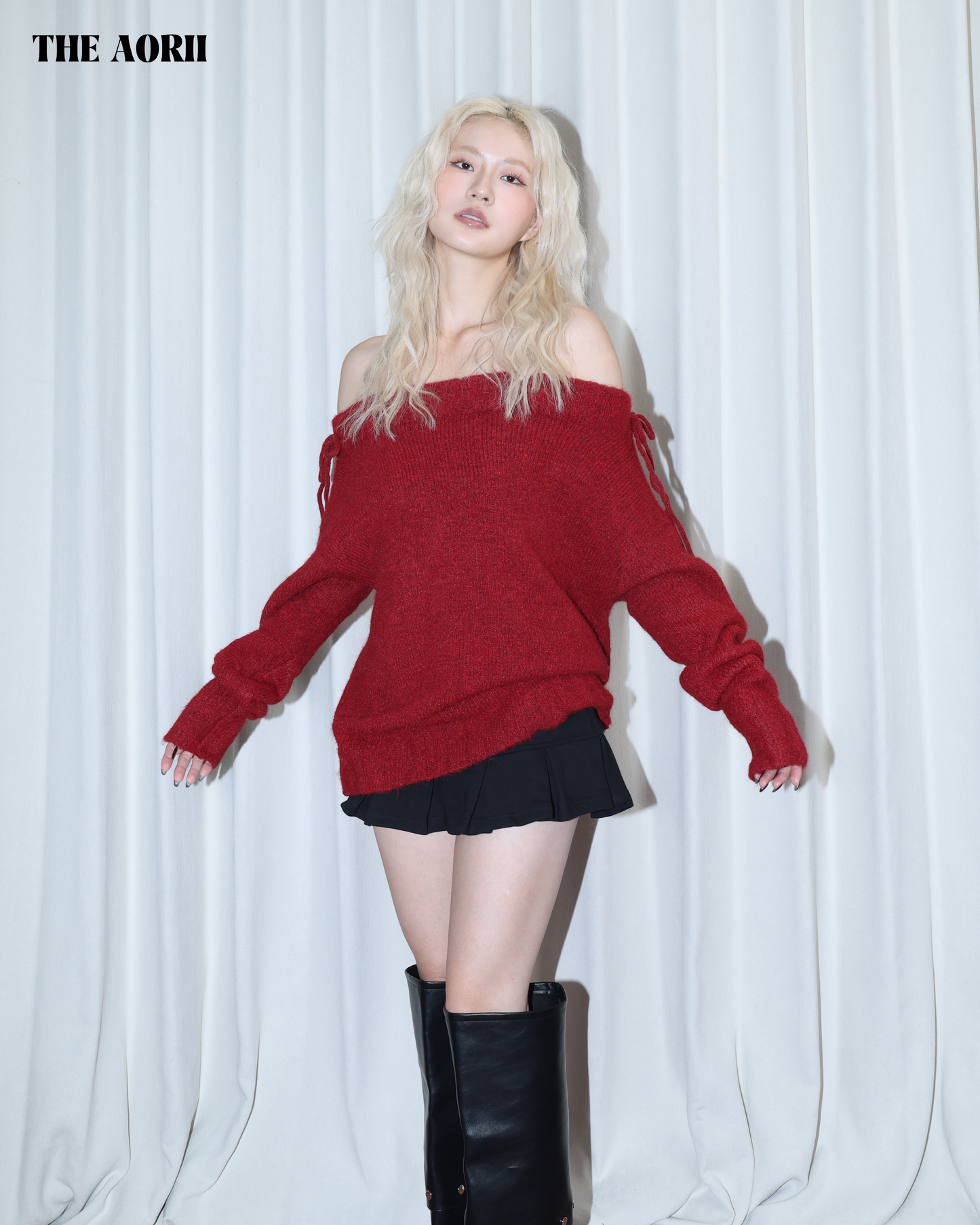 26009 (2color) - 紅 5%羊毛一字領綁帶毛衣