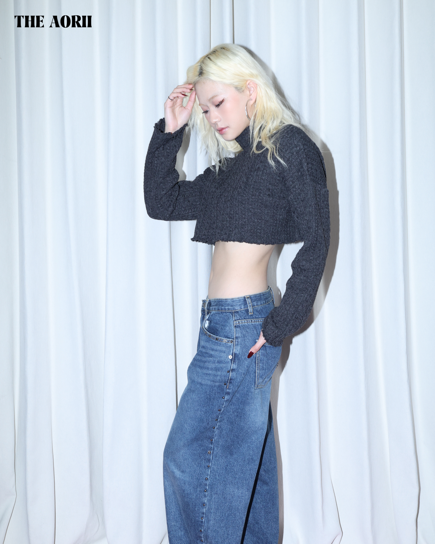 KR25003(2color) - 灰 "正韓"小高領短版針織上衣