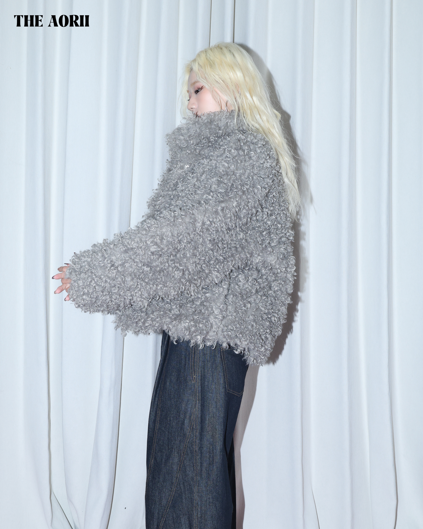 KR25010(2color) - 綠 "正韓"小卷毛立領外套