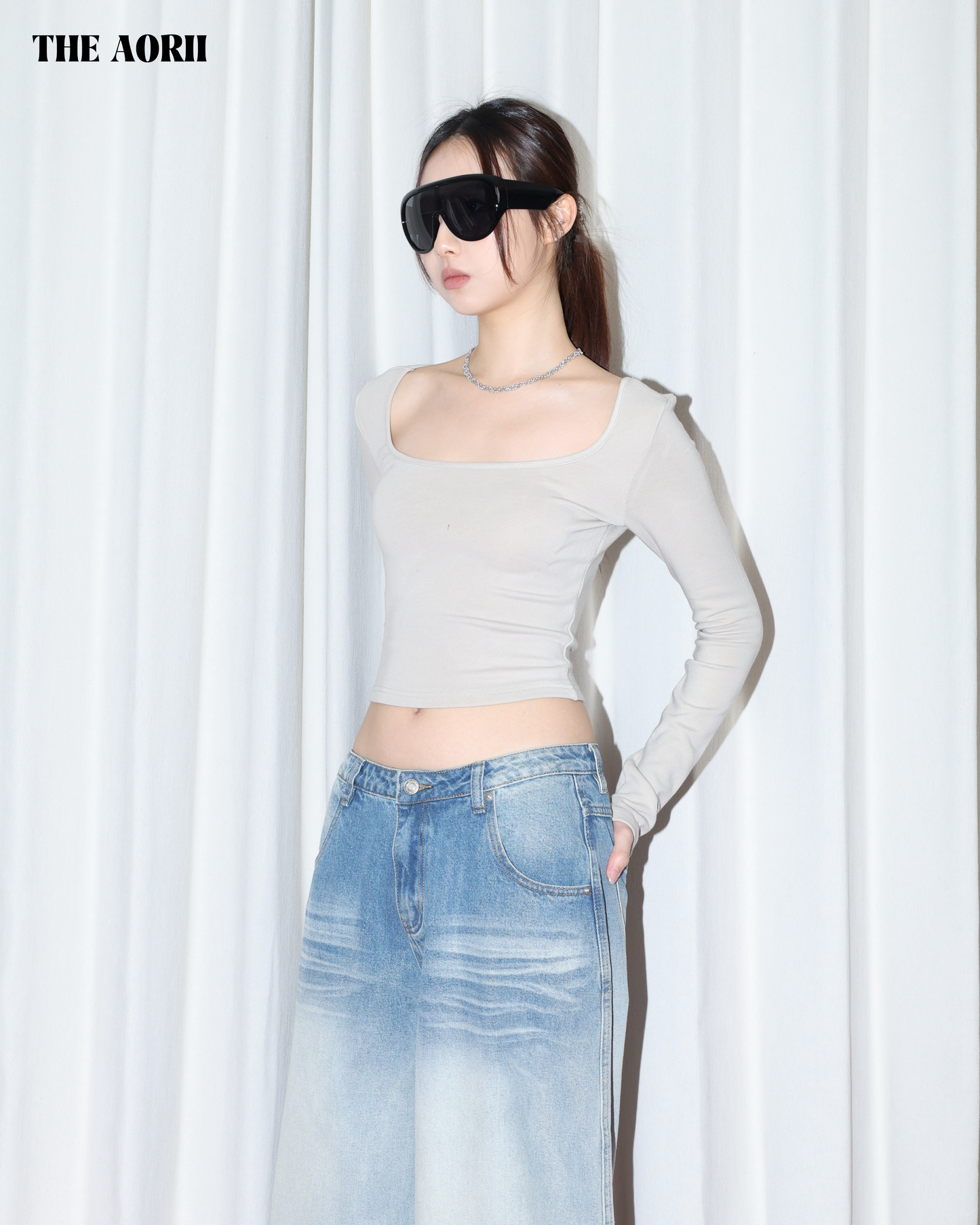 25277(4color) -  茶 方領修上刷毛長袖上衣（薄款）