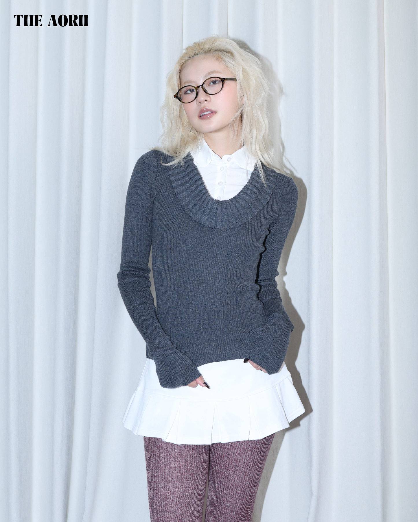 26010 (2color) - 灰 假兩件襯衫針織長袖上衣