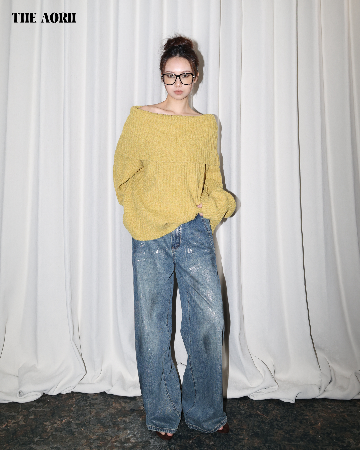 25235(2color) - 黃 10%羊毛反折一字領針織毛衣