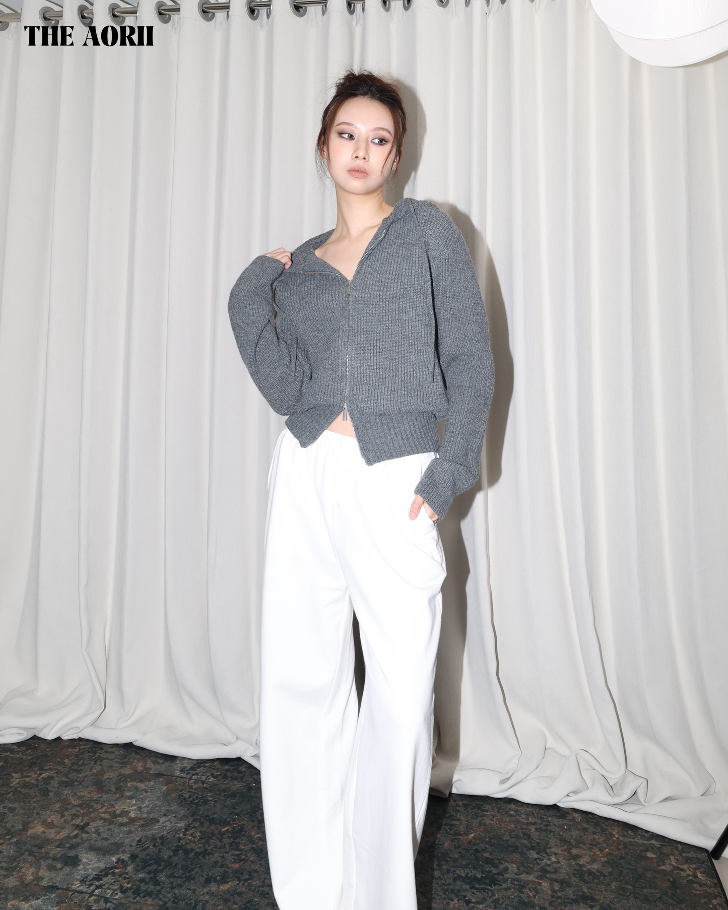 25239(2color) - 灰 連帽雙拉鏈針織外套