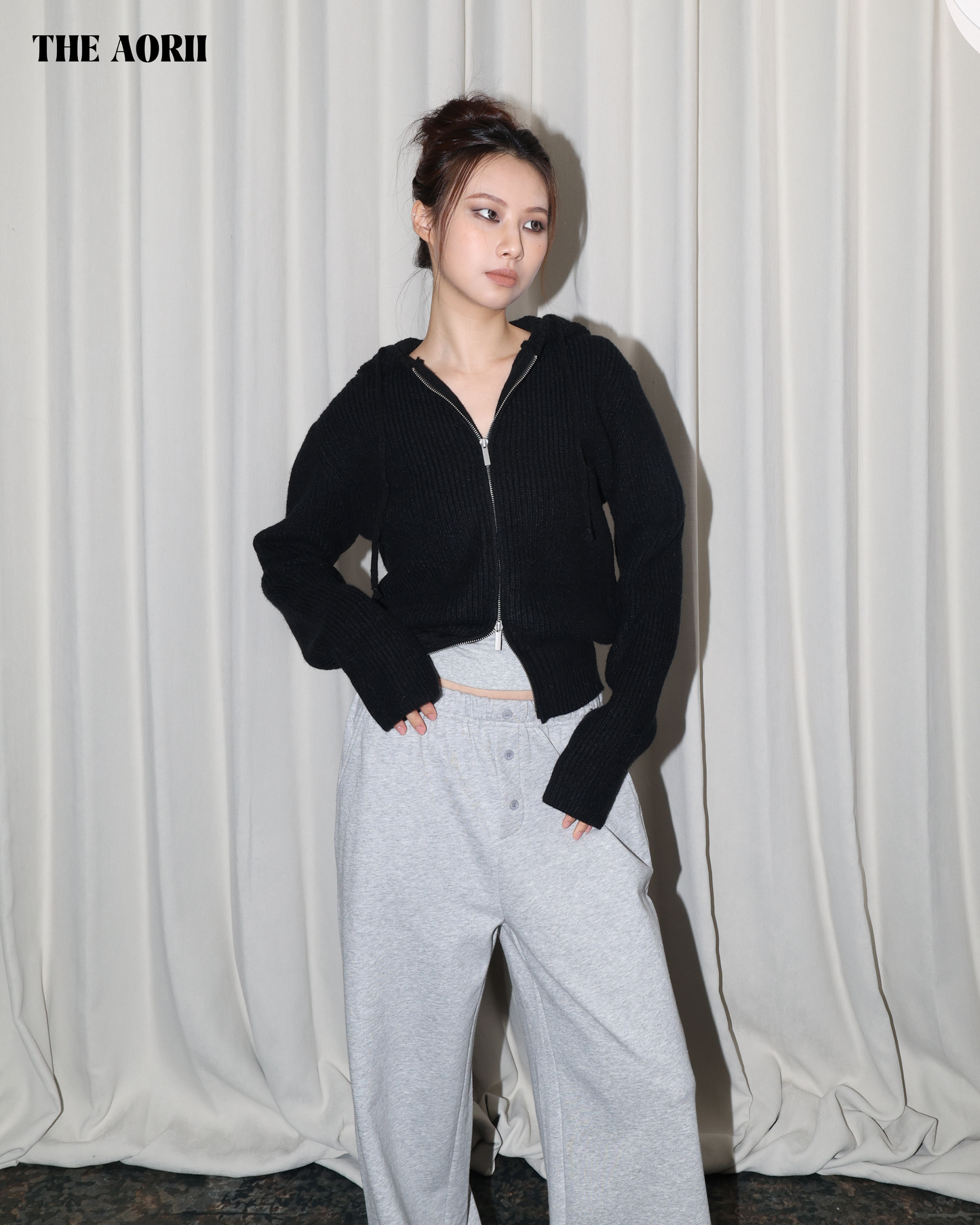 25239(2color) - 黑 連帽雙拉鏈針織外套