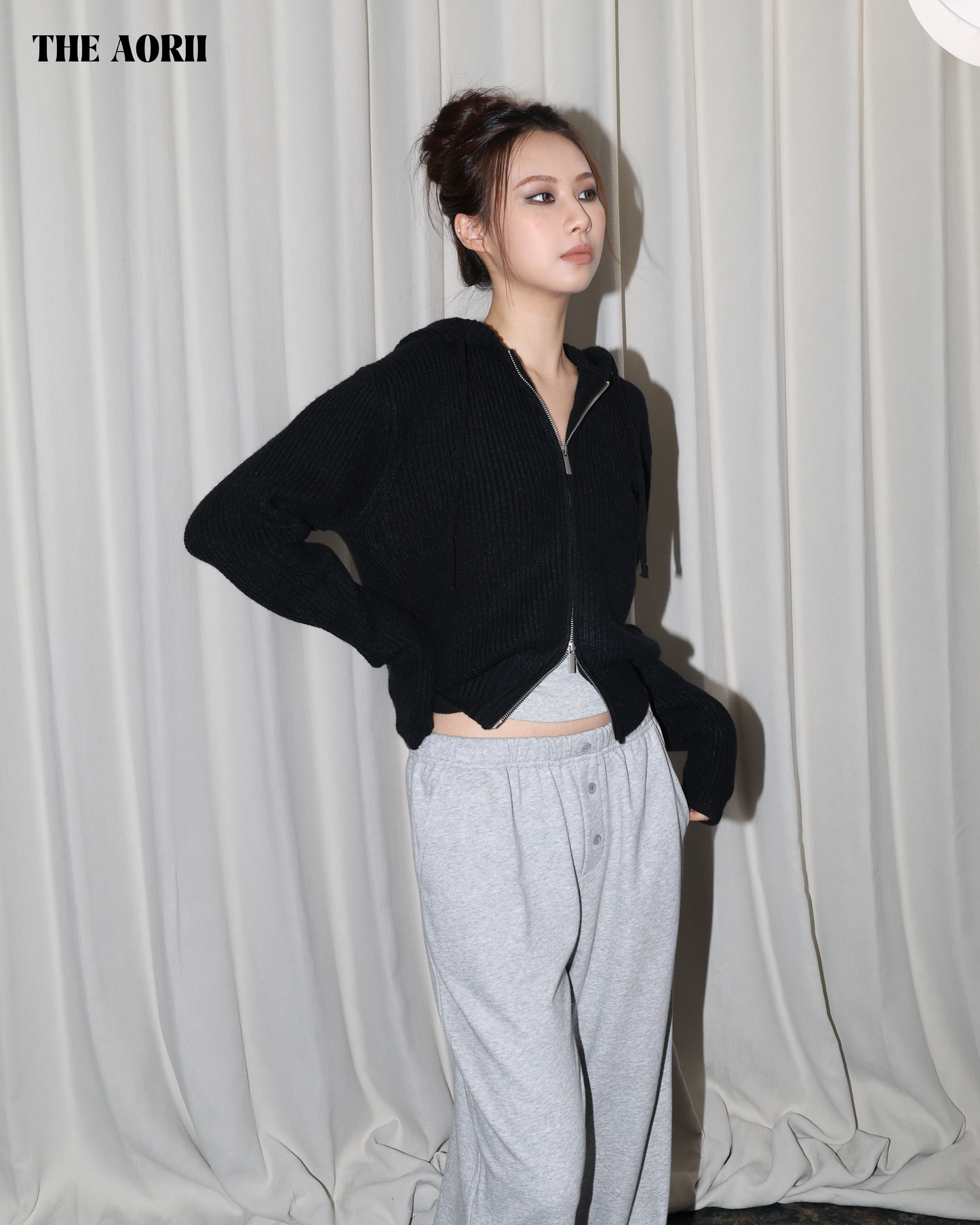 25239(2color) - 黑 連帽雙拉鏈針織外套