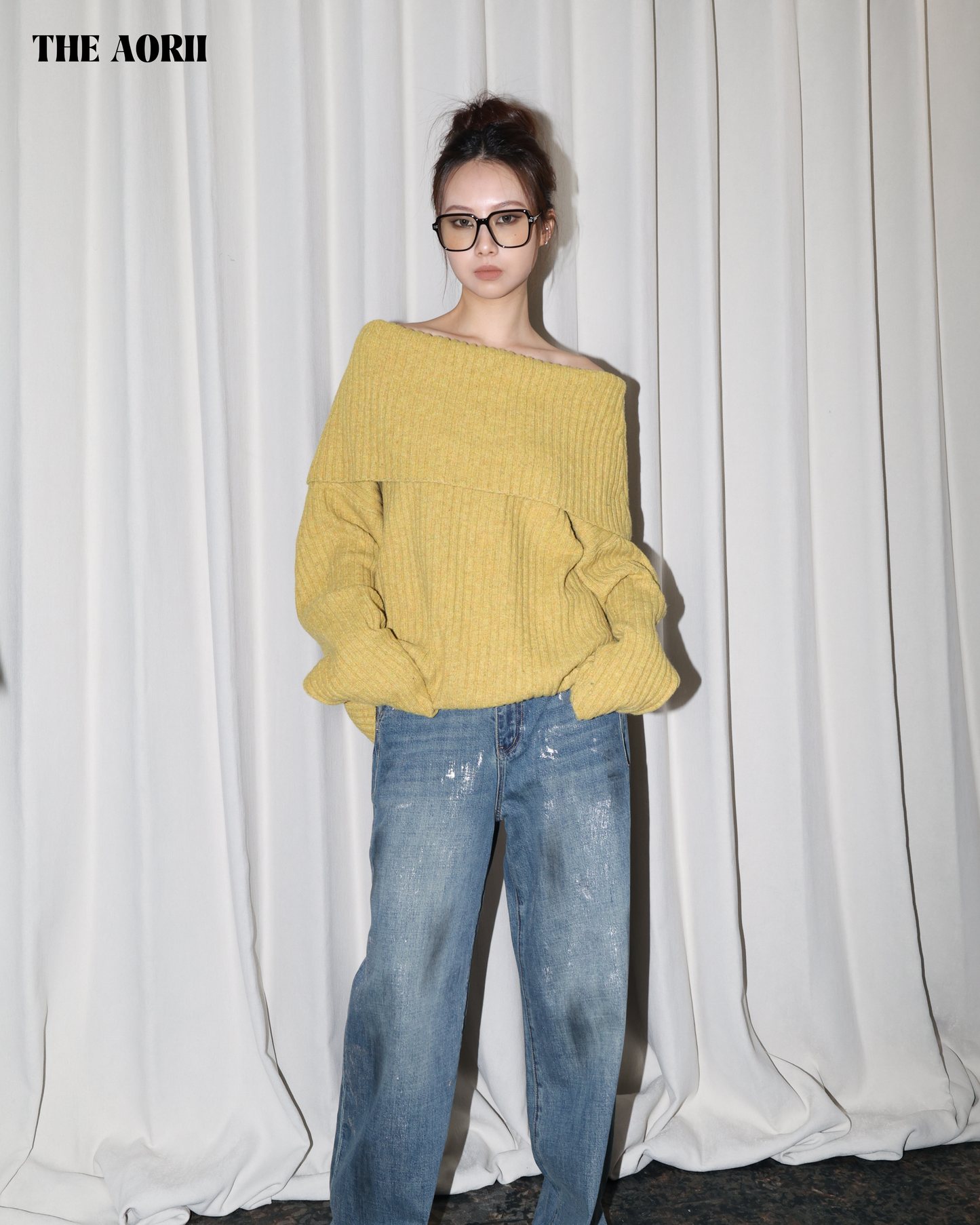 25235(2color) - 黃 10%羊毛反折一字領針織毛衣