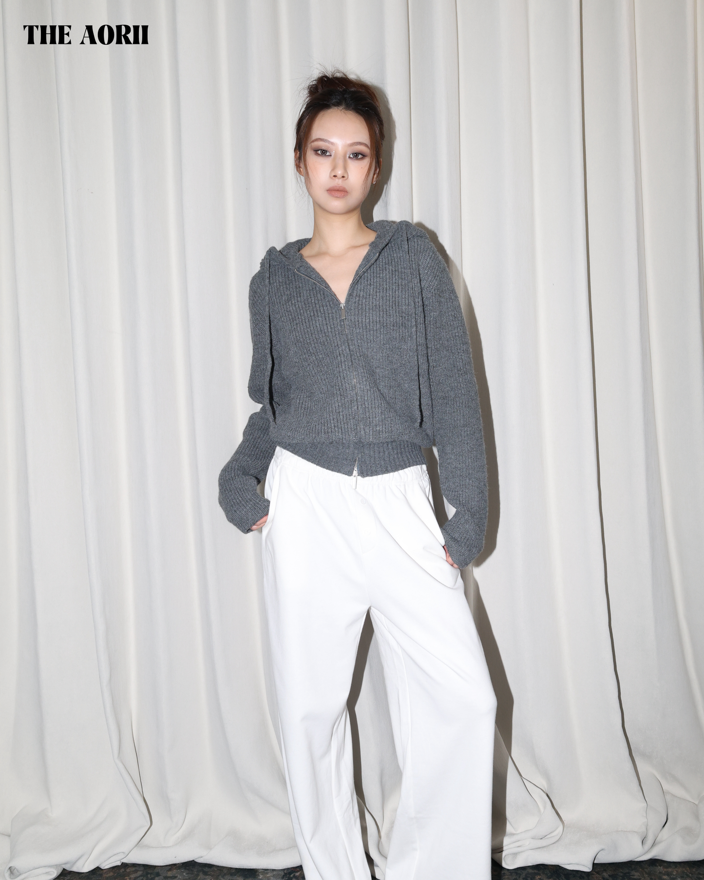 25239(2color) - 灰 連帽雙拉鏈針織外套