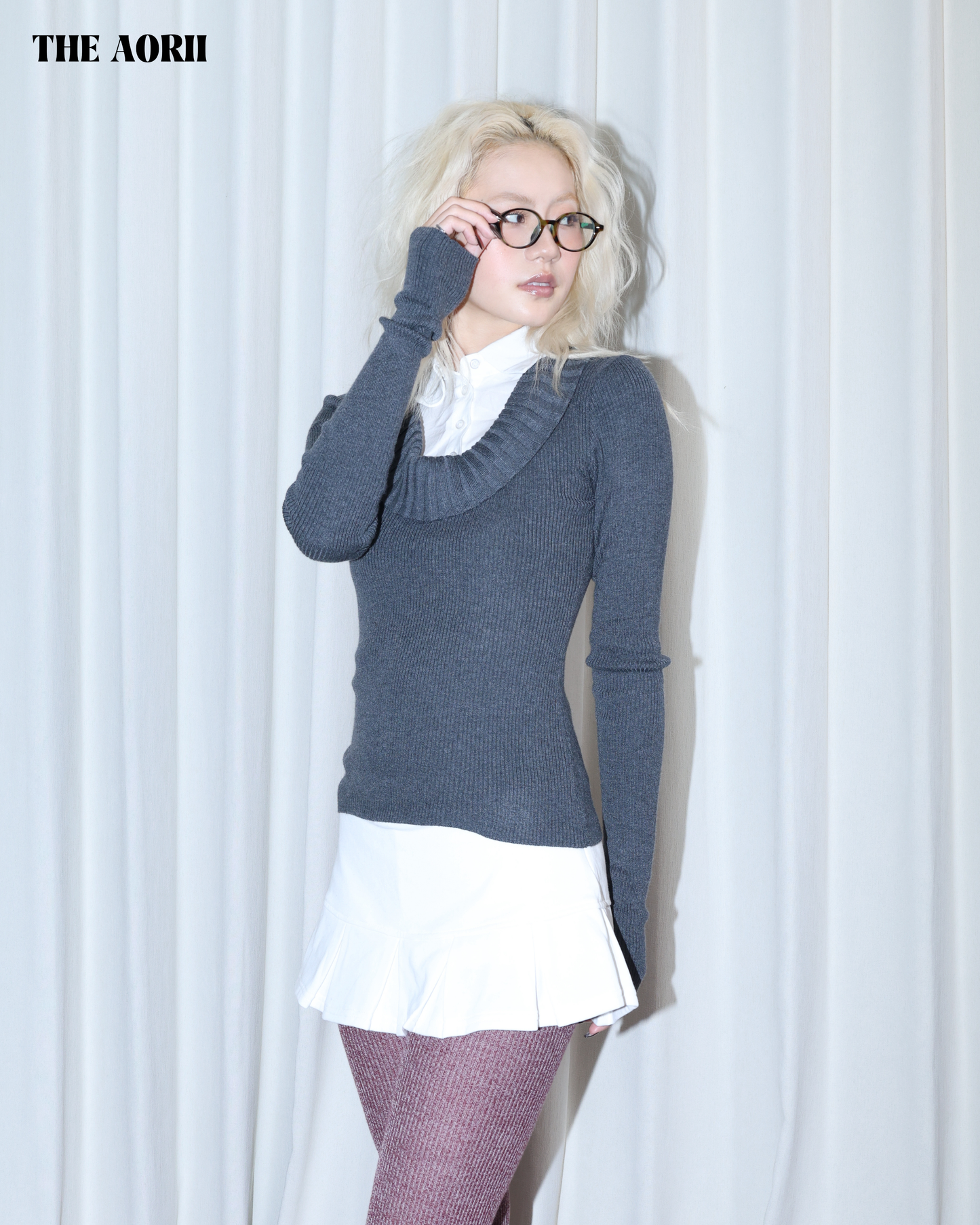 26010 (2color) - 灰 假兩件襯衫針織長袖上衣