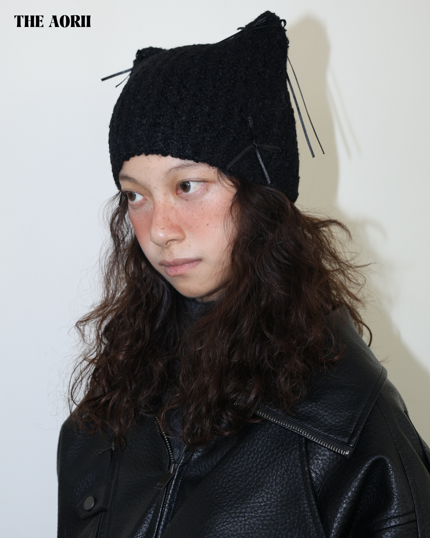 25273(4color) - 黑 15%羊毛蝴蝶結貓耳針織帽