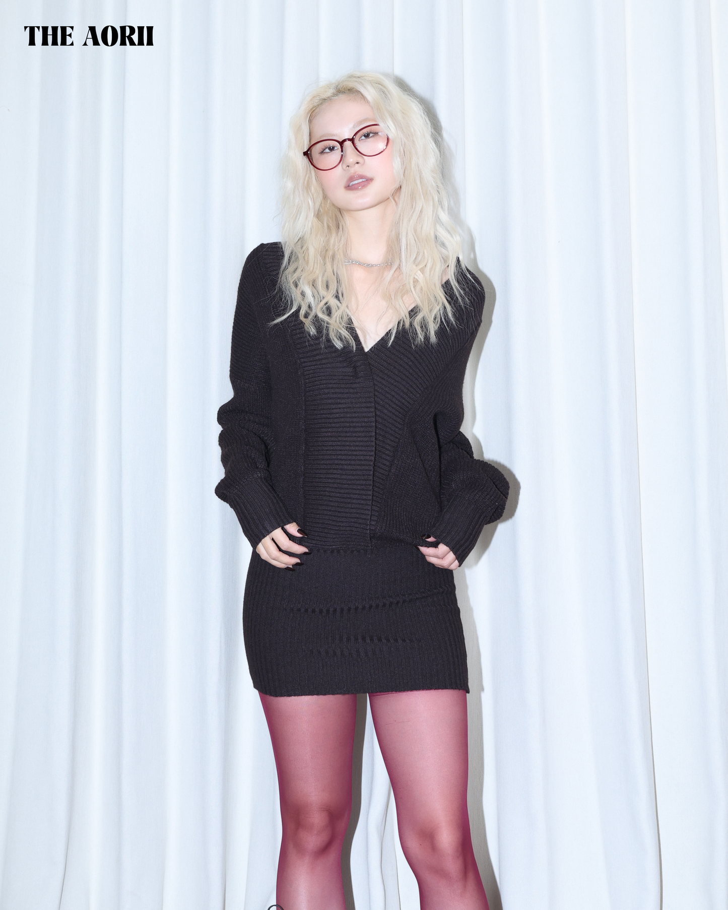 26019 (3color) - 棕 6%羊毛V領針織毛衣包臀連衣裙