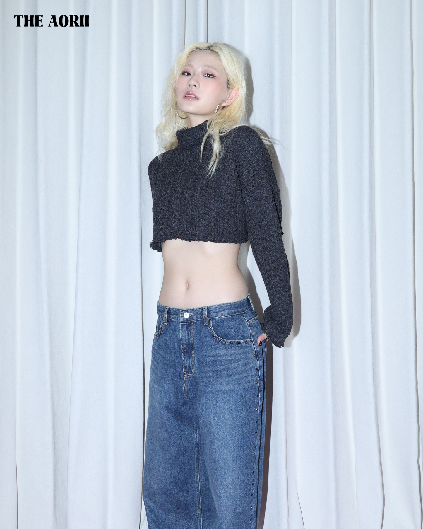 KR25003(2color) - 灰 "正韓"小高領短版針織上衣