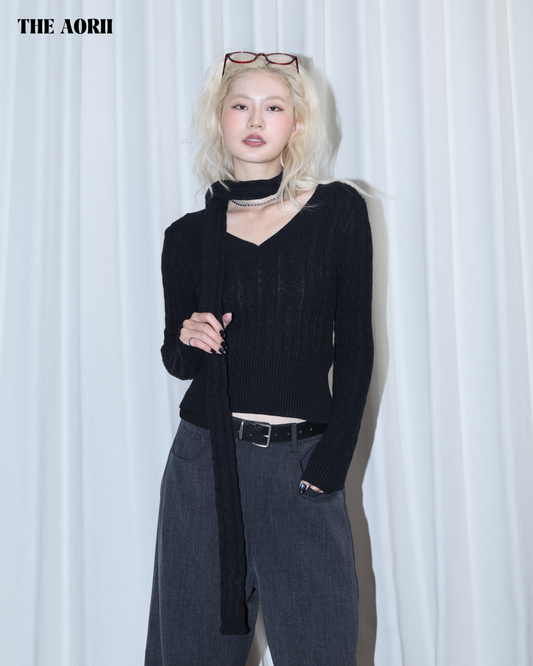 26012 (2color) - 黑 V領收腰針織長袖上衣+圍巾