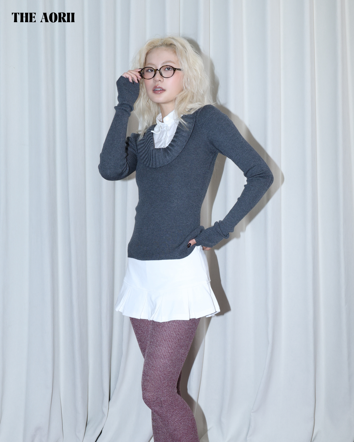 26010 (2color) - 灰 假兩件襯衫針織長袖上衣