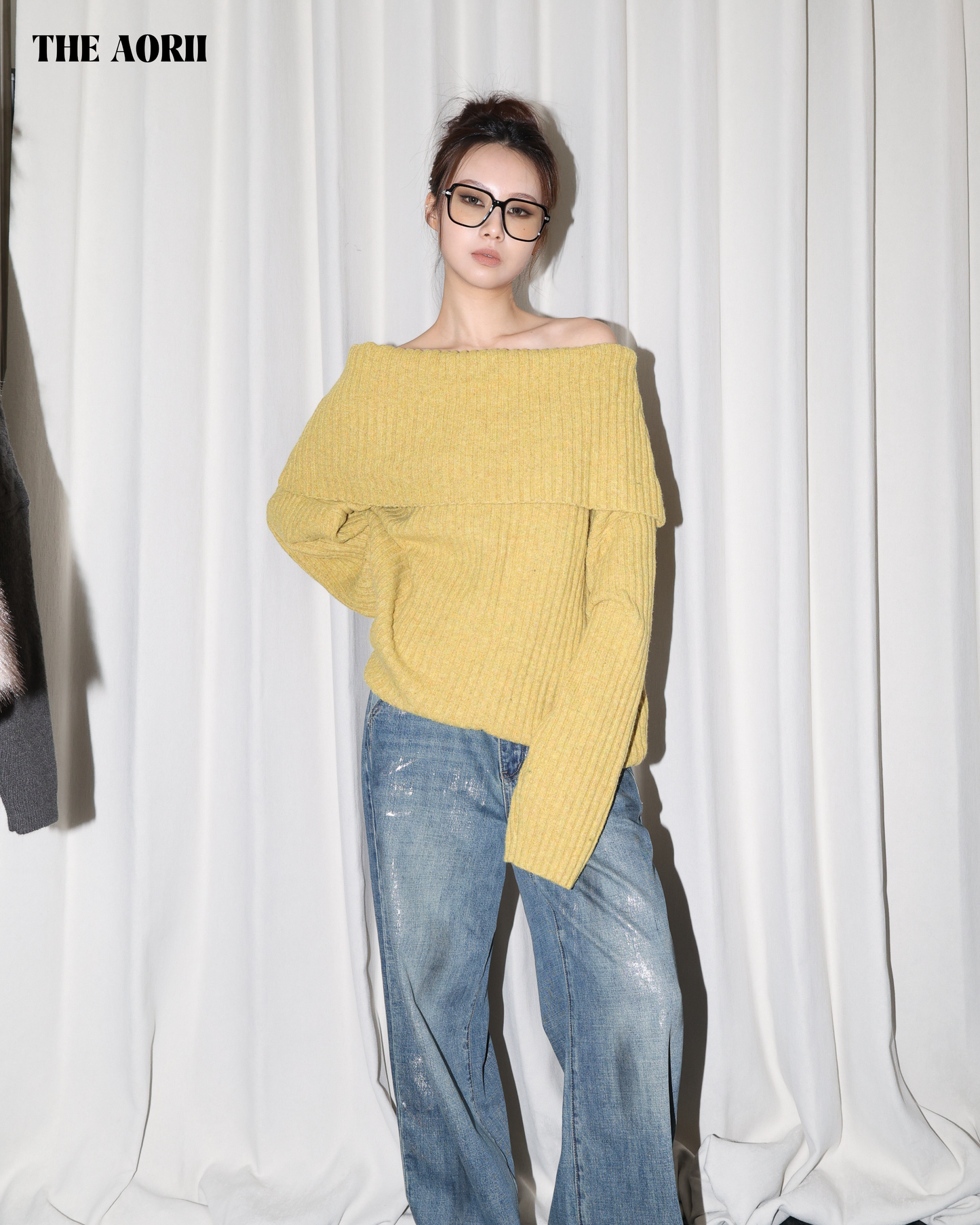 25235(2color) - 黃 10%羊毛反折一字領針織毛衣