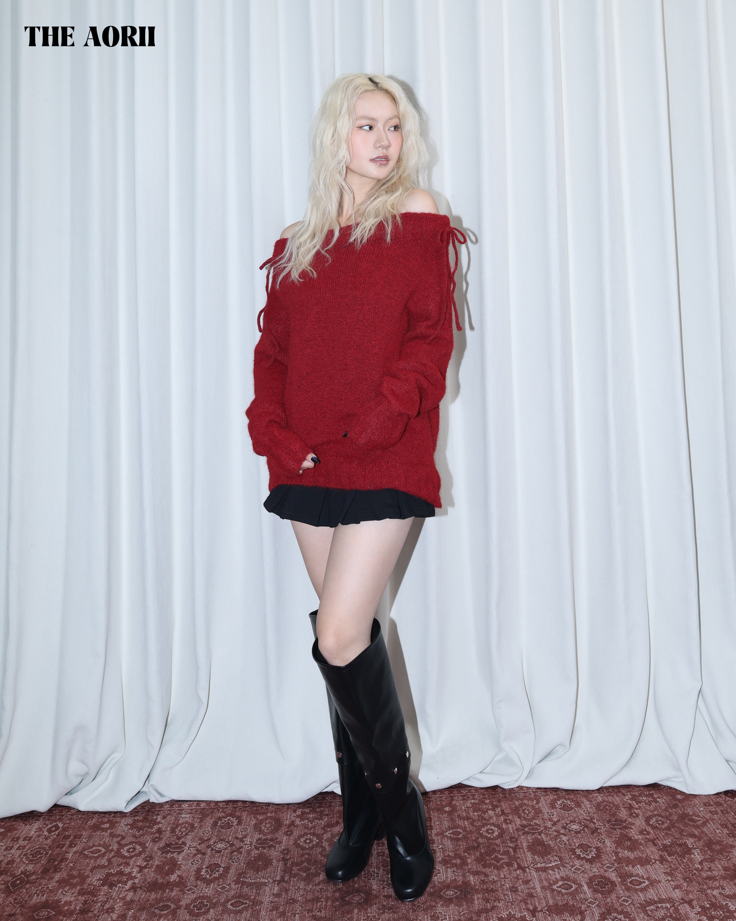 26009 (2color) - 紅 5%羊毛一字領綁帶毛衣