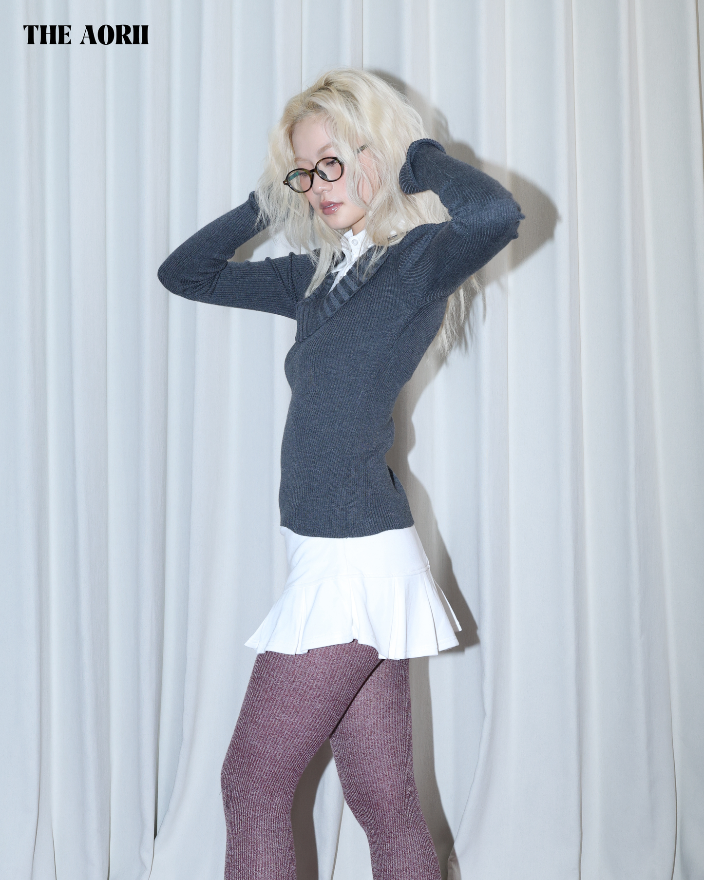 26010 (2color) - 灰 假兩件襯衫針織長袖上衣