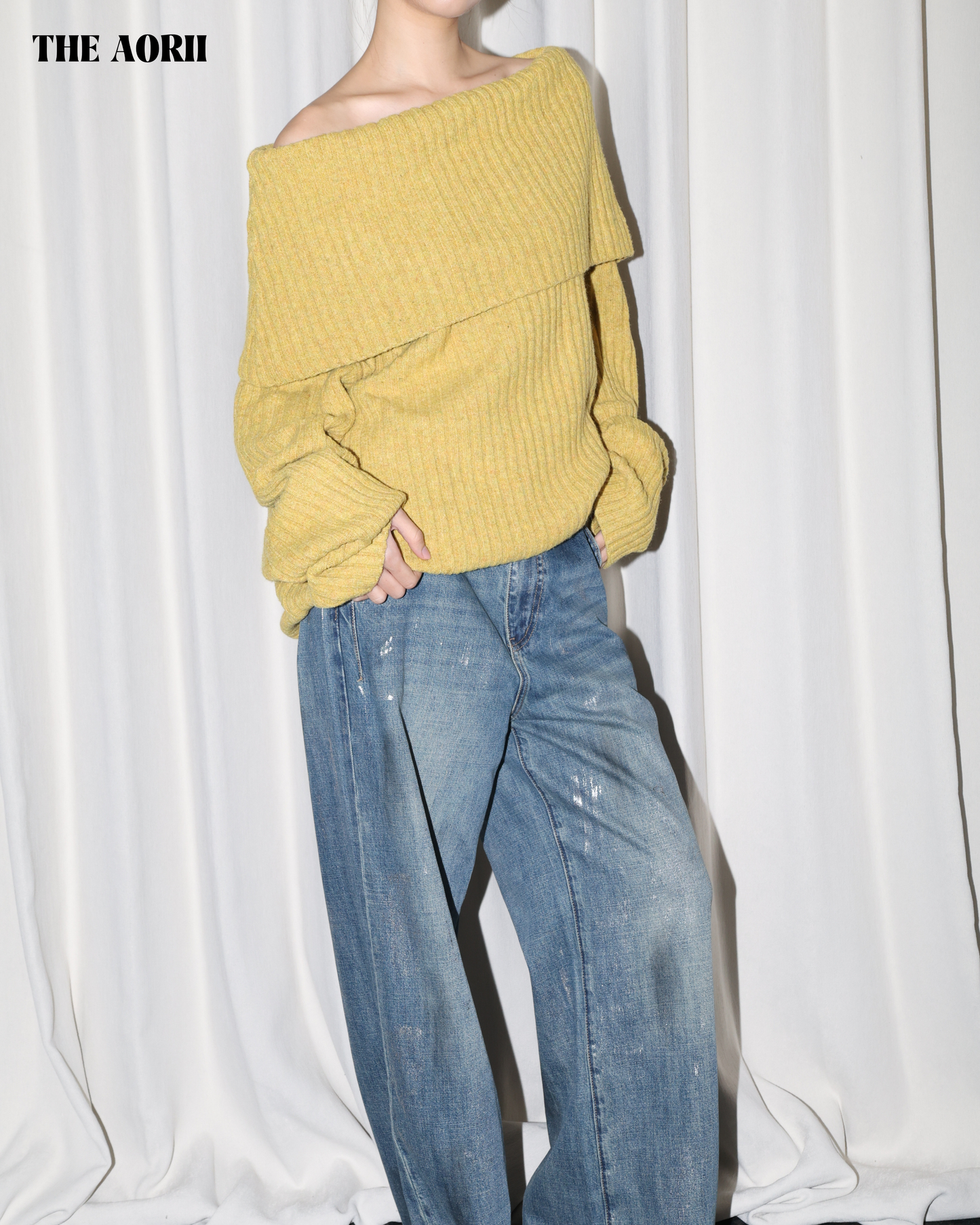 25235(2color) - 黃 10%羊毛反折一字領針織毛衣