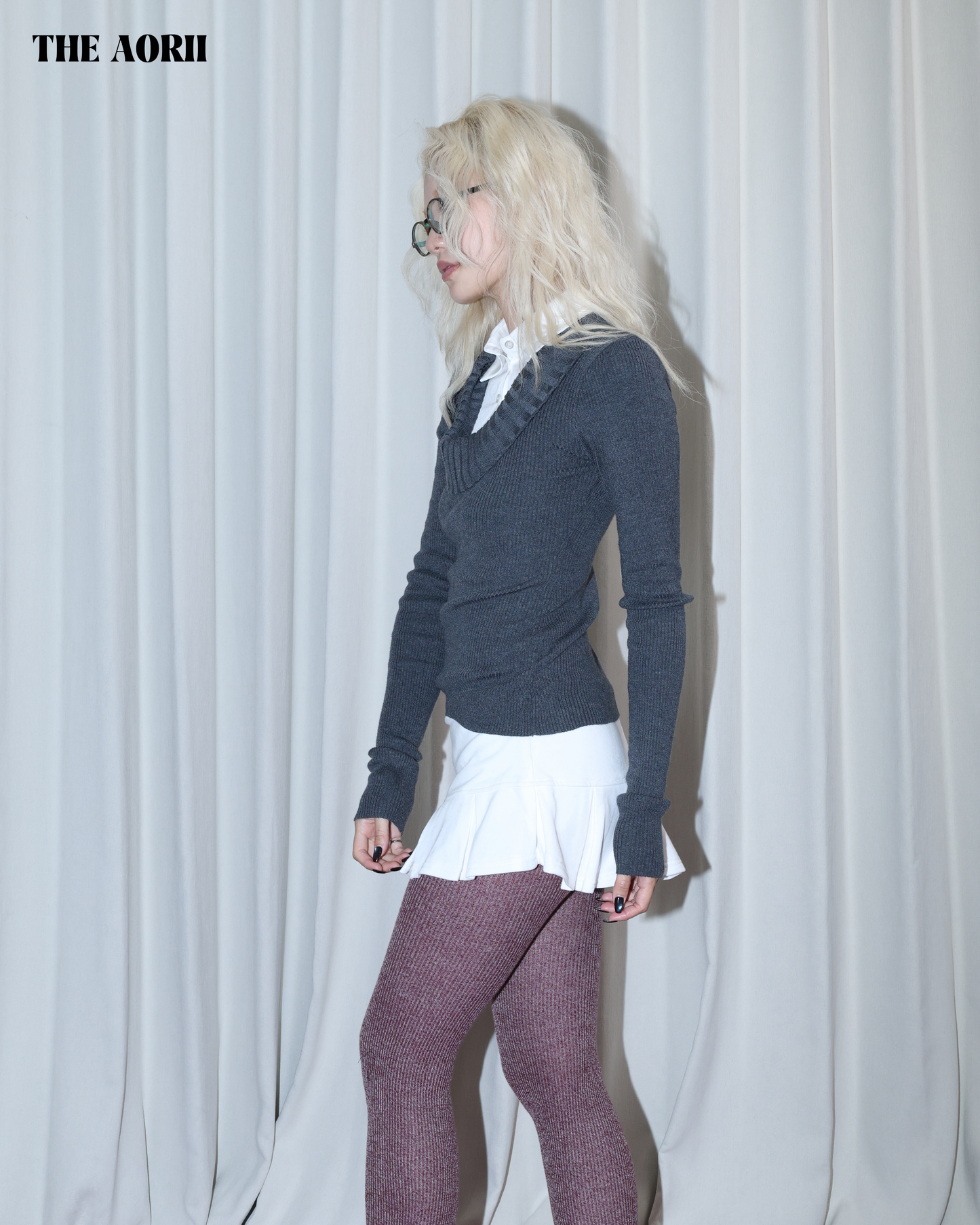 26010 (2color) - 灰 假兩件襯衫針織長袖上衣