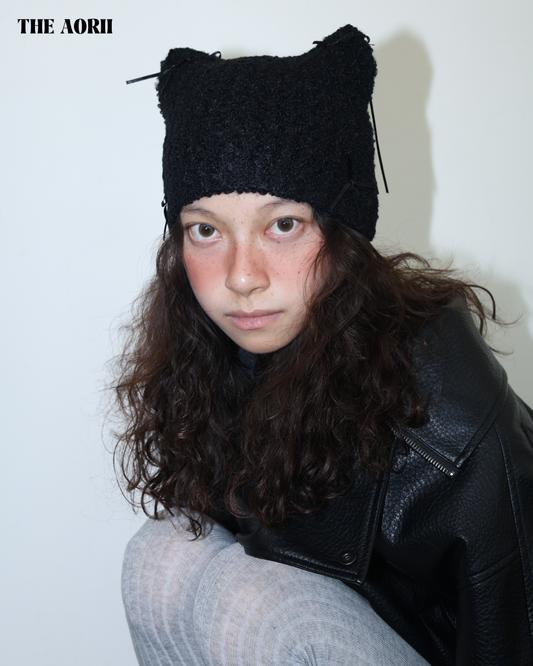 25273(4color) - 黑 15%羊毛蝴蝶結貓耳針織帽