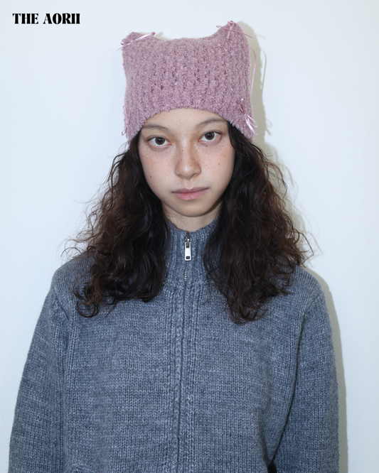 25273(4color) - 粉 15%羊毛蝴蝶結貓耳針織帽