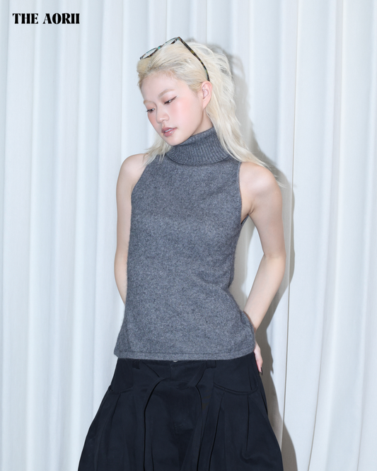 26014 (3color) - 灰 30%浣熊絨小高領削肩背心