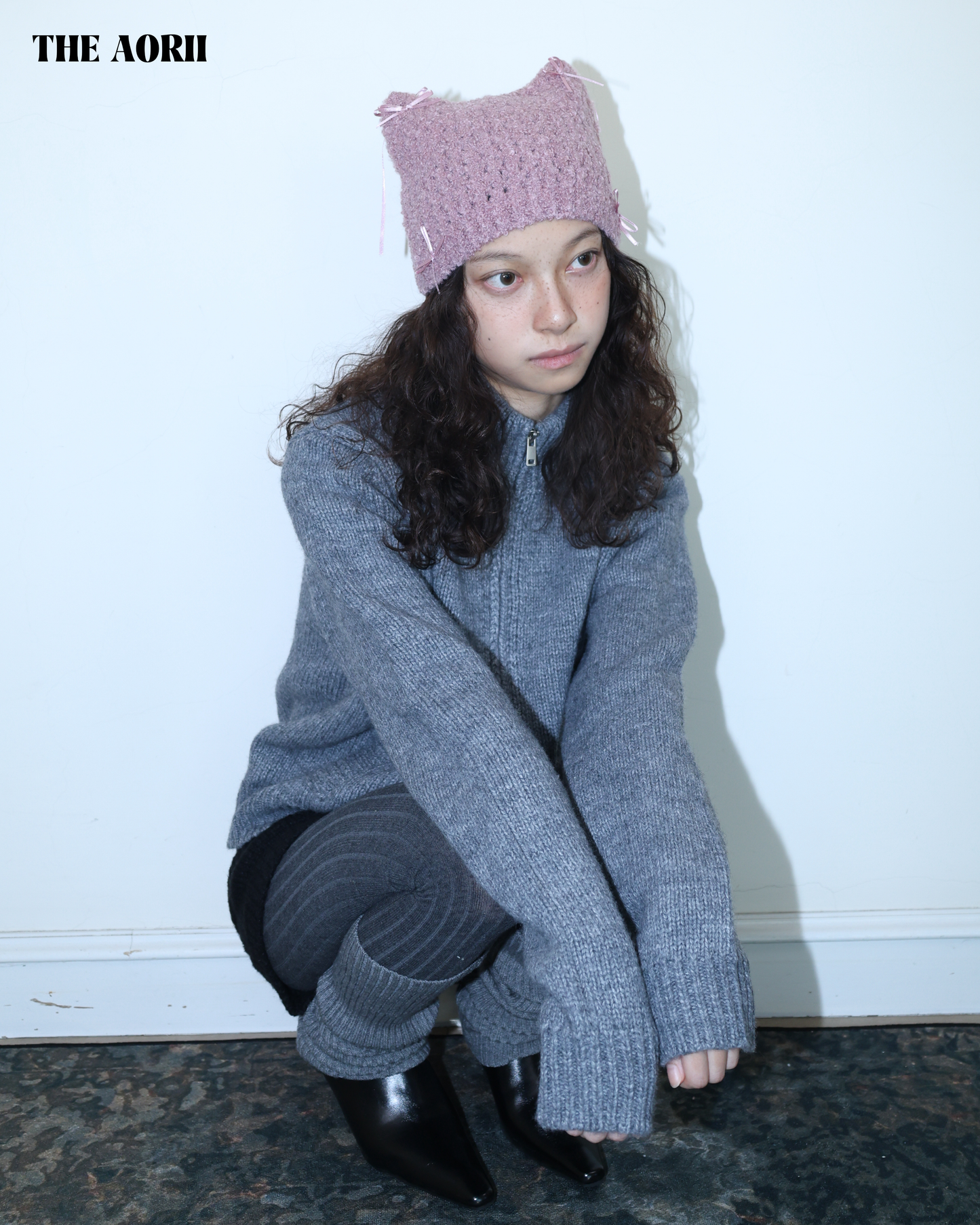 25273(4color) - 粉 15%羊毛蝴蝶結貓耳針織帽