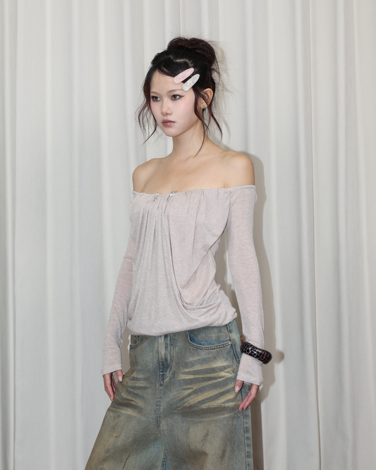 26065 - 一字領抓皺長袖上衣